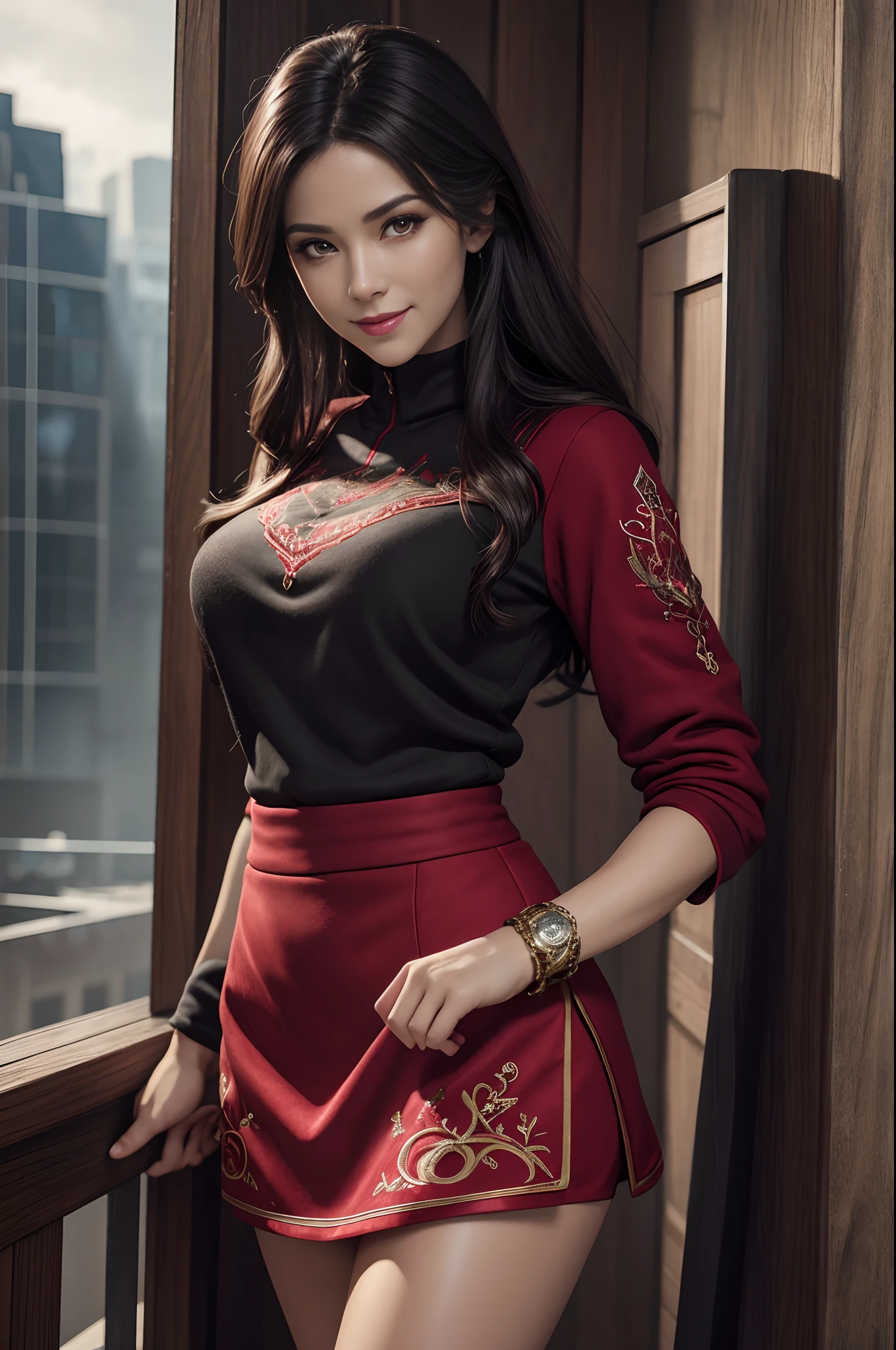 8K,Mature Thief Woman、(The skin:1.1)、(fleece:1.2)、North Shore、interiors、(ArtStation:1.2)、(Realism of the epic:1.3)、(HDR:1.4)、(violetshot:0.7)、intricate detailes、(Rutkowski:0.8)、Convoluted、Cinematic、detaileds、Subdued Color、Super beauty(Like the real thing),超A high resolution,real looking skin,Beautiful expression,Red Sexy Exterior,(Precise embroidery)Red tight skirt,Precise details,a smile,