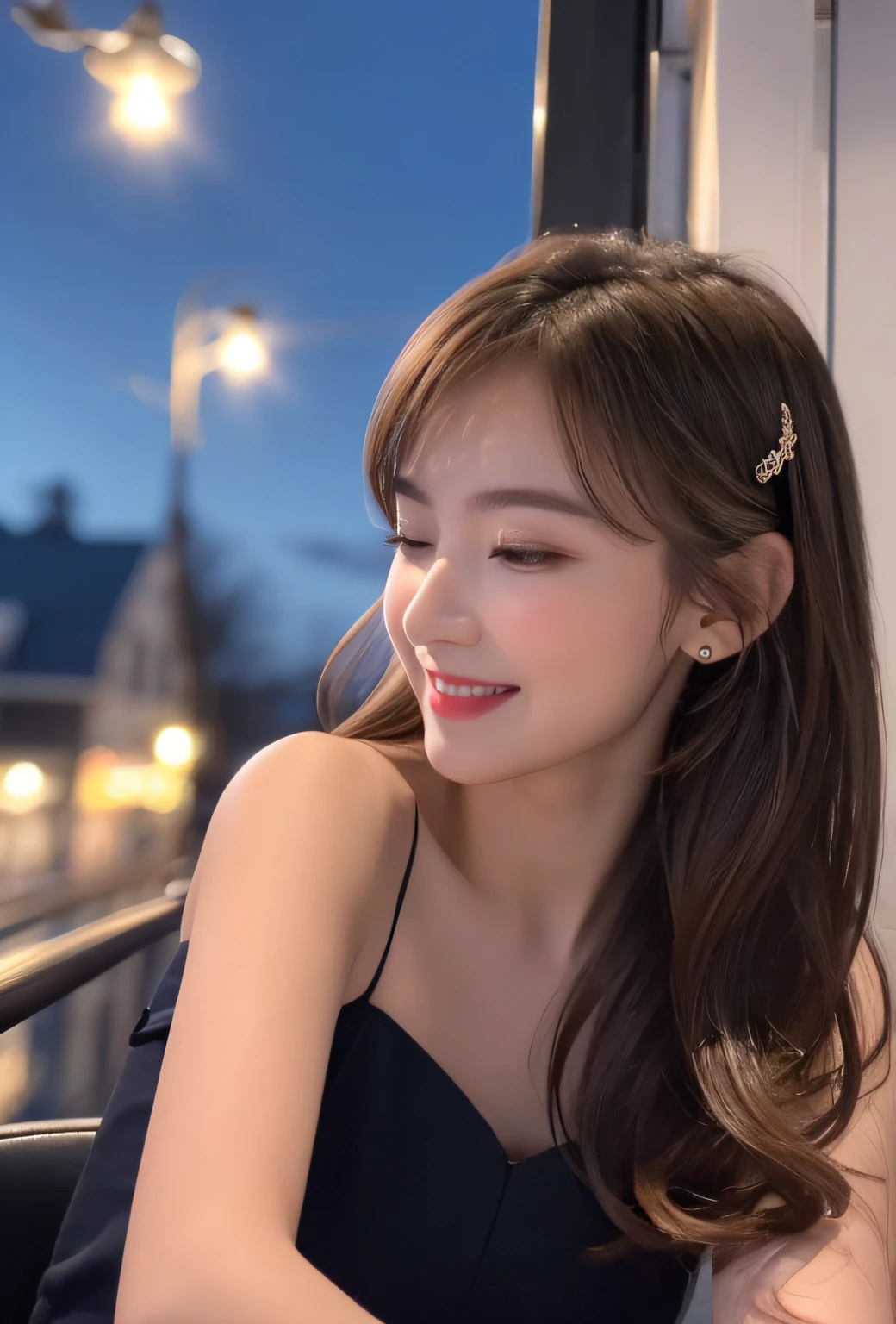 (8k, top quality, masterpiece: 1.2), (realistic, photorealistic: 1.37), super detailed, girl single, cute, solo, midnight, beautiful detailed sky, detailed café, sitting, date, (blush), (smile: 1.15), small breasts (mouth closed), beautiful fine eyes, floating hair NovaFrogStyle, back open dress