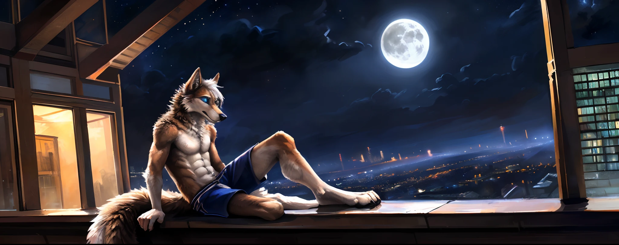 ((Solo)), male people, anthro wolf, (Multi-colored fur, White-brown:1.3, White tail pointed), (Height 2.3 meters,Tail length 1.2m), ((Wolf face, White hair, Big eyes, White eyelids, Blue pupil, Slim:1.2) (Tough, Calm expression:1.2)), Abs, Slim, pinging)), (Correct body anatomy), (Work shorts:1.1), The upper body is naked, (detailed outfits),A long big tail,Feet,Long legs,(Realistic fur, Detailed fur texture, labeled:1.3)), (Natural lighting), Photorealistic, Hyperrealistic, ultradetailed, by Kenket,In the modern city,Roof roof,the night,Sit alone,Look at the full moon,It was dark,Starry