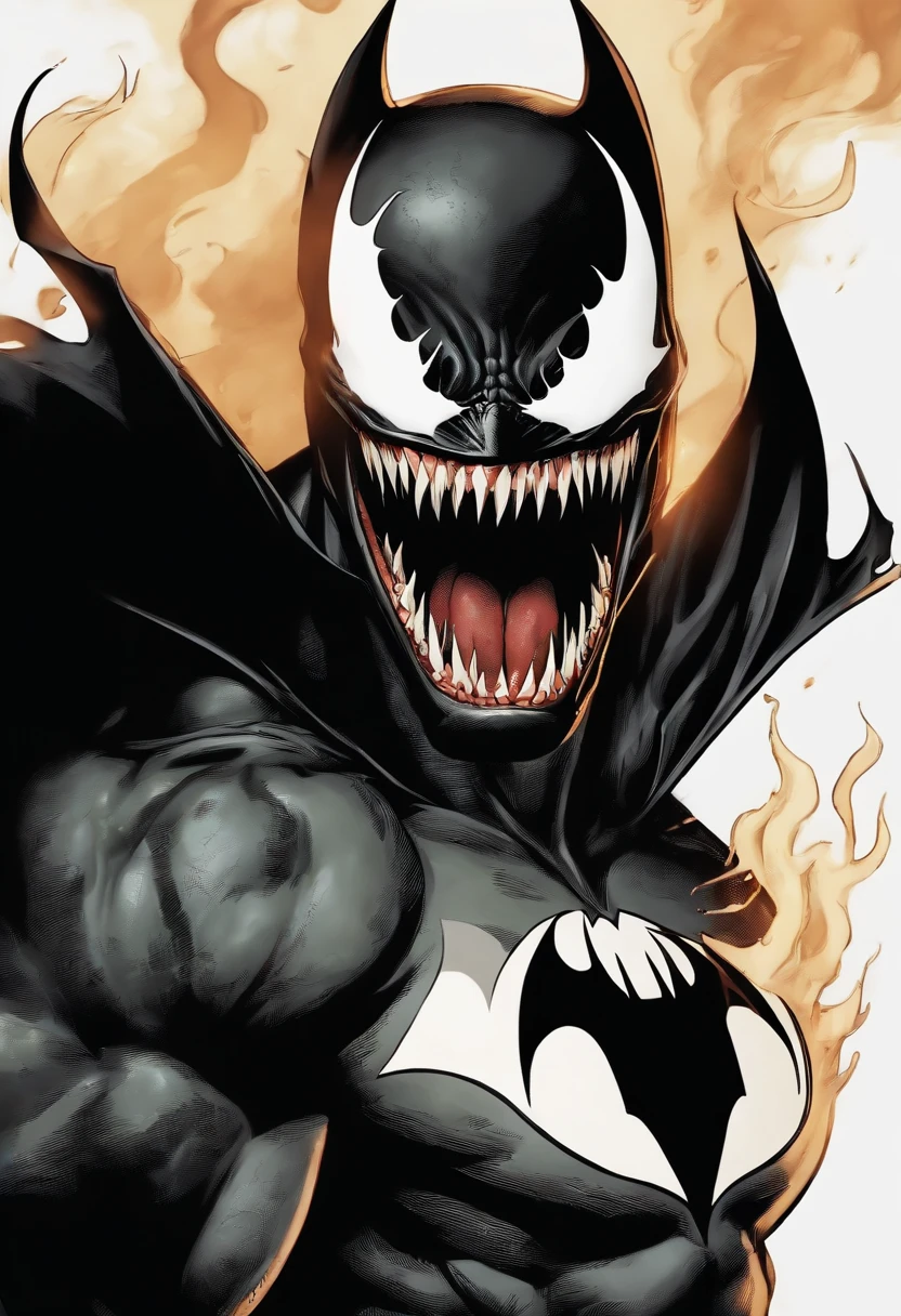 Venom in slime form combined with Batman, evil, enemy, black torn Cape, dark scene, smoke, fire, venom Bat symbol on chest,