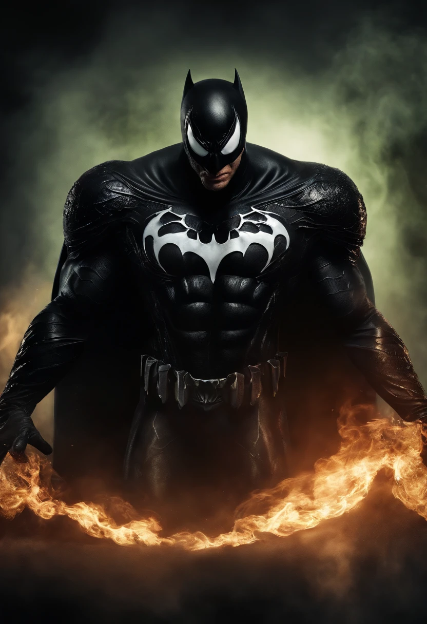 Venom in slime form combined with Batman, evil, enemy, black torn Cape, dark scene, smoke, fire, venom Bat symbol on chest,