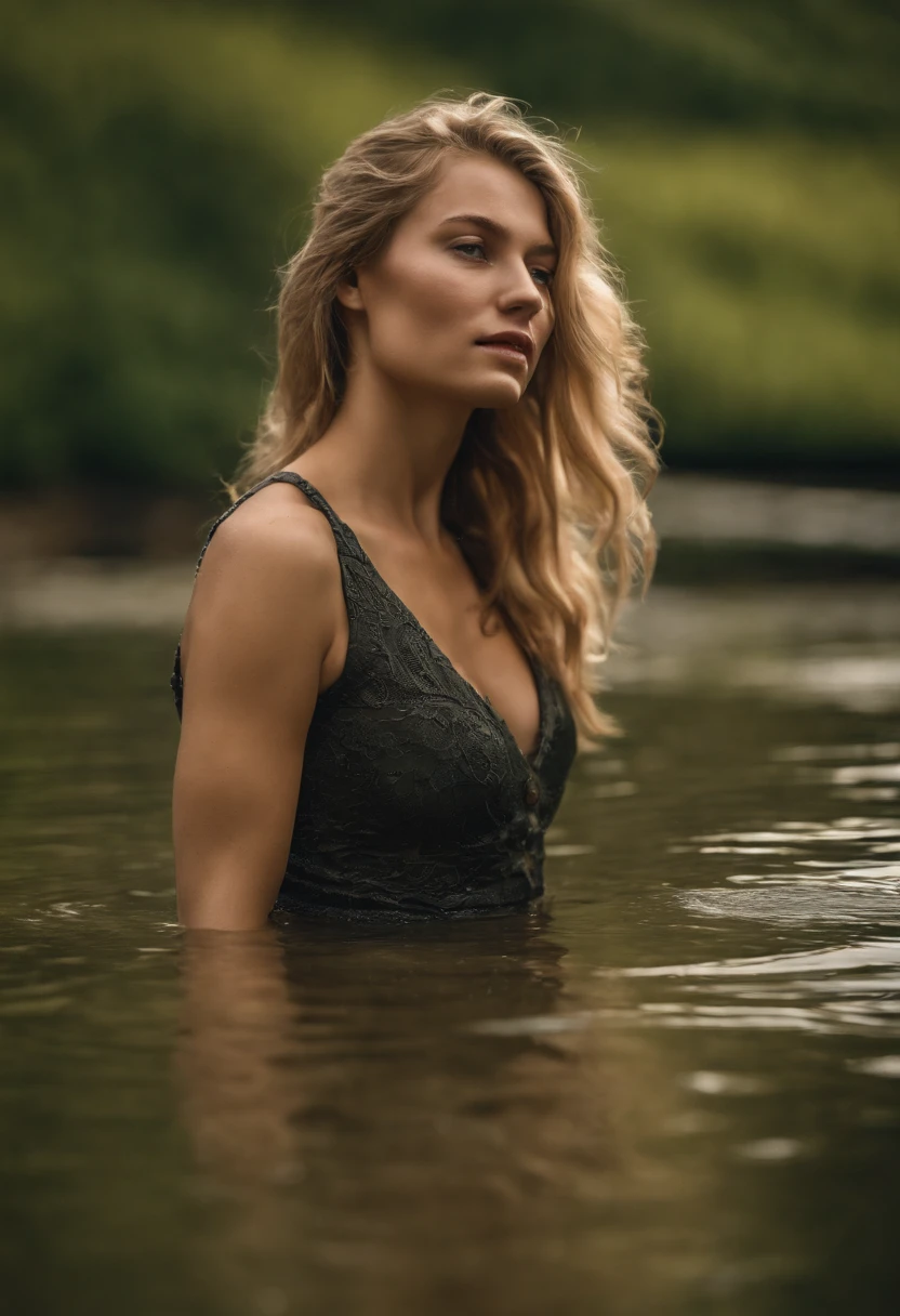 Young and beautiful woman, blondes Haar, that falls gently on the shoulders in waves, average height, athletic body, big green eyes, helle Haut, Im Badeanzug von hinten fotografiert, syd, Die Umgebung wird von Lichtern mit warmen und angenehmen Farben beleuchtet, make their hair shine, Ihr Antlitz ist von Natur aus heiter, 8K-Textur, sehr detailliert, Realistisch, Weiches Kinolicht, HDR, Scharfer Fokus, Meisterwerk, fotoRealistisch, Photography Award - Gewinner der Canon EOS R5, 35 mm