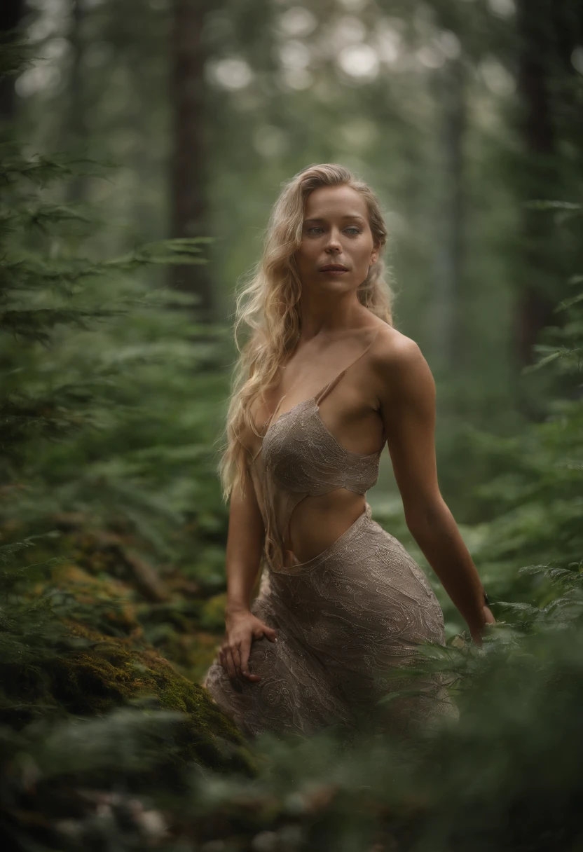 Young and beautiful woman, blondes Haar, that falls gently on the shoulders in waves, average height, athletic body, big green eyes, helle Haut, Im Badeanzug von hinten fotografiert, syd, Die Umgebung wird von Lichtern mit warmen und angenehmen Farben beleuchtet, make their hair shine, Ihr Antlitz ist von Natur aus heiter, 8K-Textur, sehr detailliert, Realistisch, Weiches Kinolicht, HDR, Scharfer Fokus, Meisterwerk, fotoRealistisch, Photography Award - Gewinner der Canon EOS R5, 35 mm