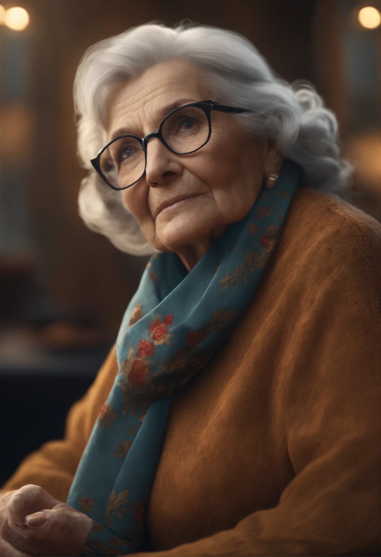 master part, best quality, An old woman with glasses and a scarf, Segure um controle Xbox, jogos, jogo, Sente-se na cadeira de jogos, High detail, best quality, 8k