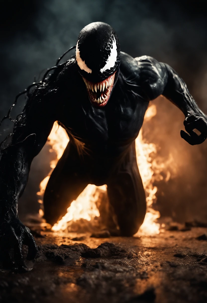 Venom in slime form combined with The Dark Knight, evil, enemy, black torn Cape, dark scene, smoke, fire