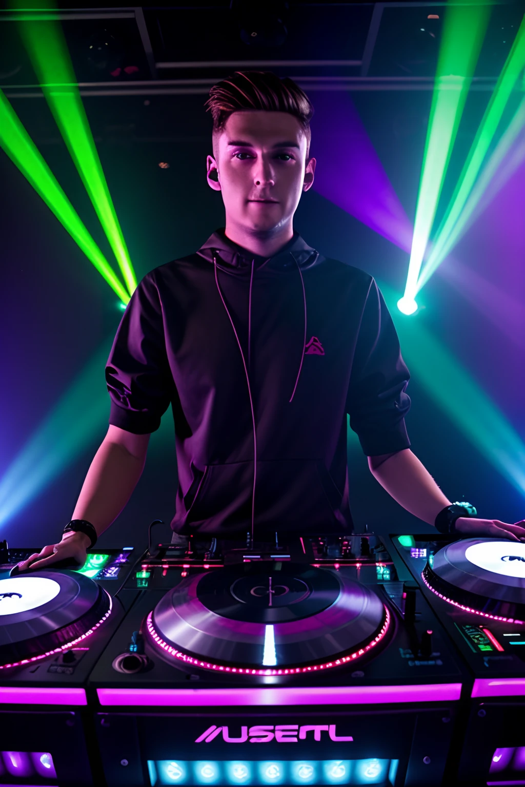 photo cool dj in the club, rave, beams of colourful laser light show background:: detailed bright beams of colourful laser light show background::0.5 dj at the decks ::0.5 Realistic dj equipment::0.4 ,style raw