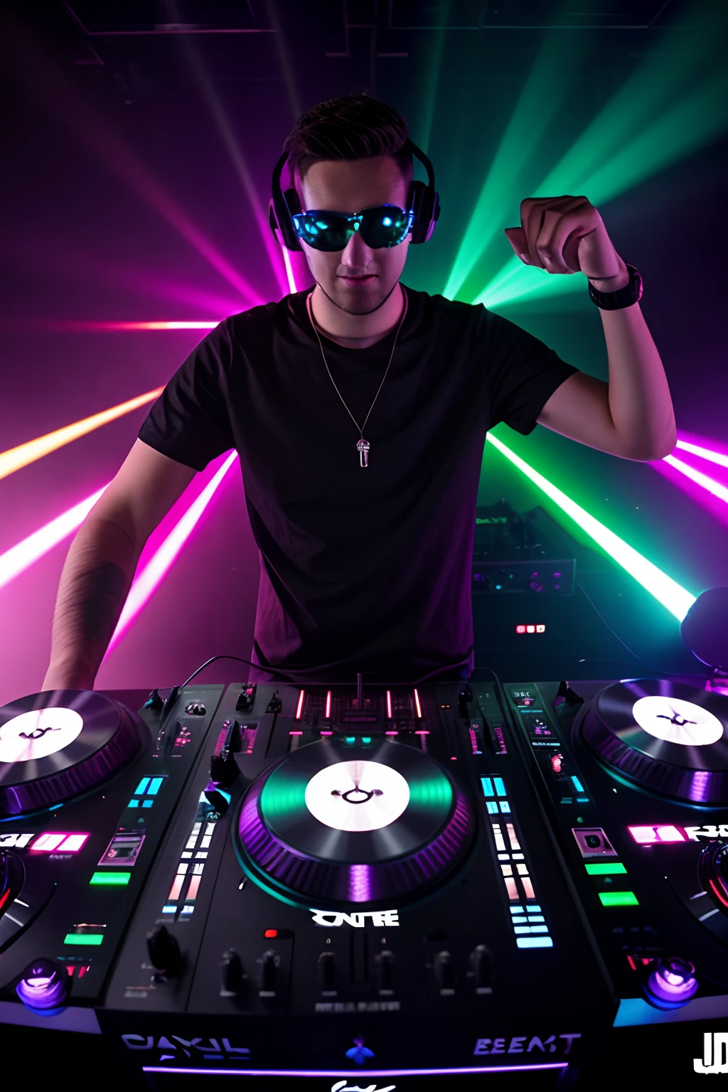 photo cool dj in the club, rave, beams of colourful laser light show background:: detailed bright beams of colourful laser light show background::0.5 dj at the decks ::0.5 Realistic dj equipment::0.4 ,style raw