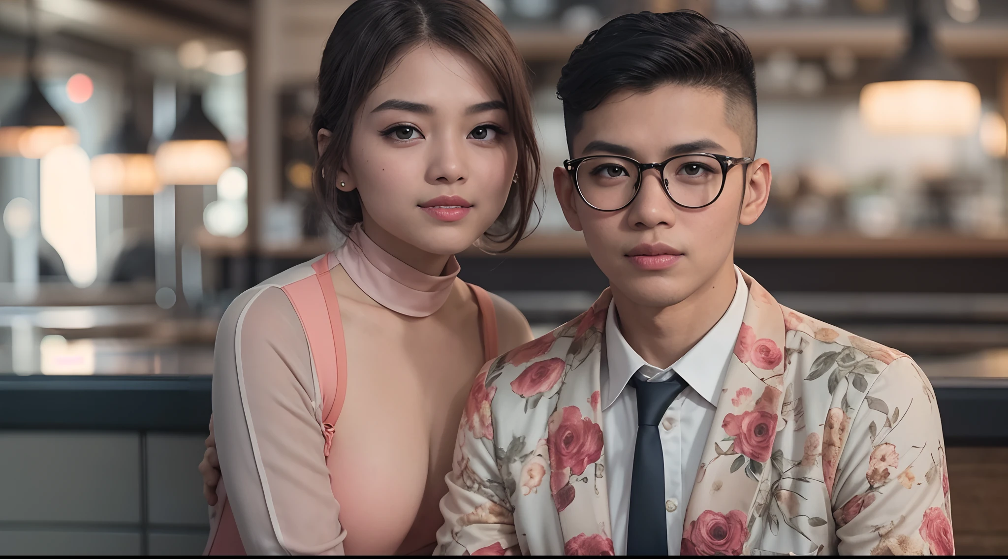 A photo of a young, nerdy malay woman in hijab sitting in a starbuck cafe with 1 malay men in office suit standing behind, woman wearing pastel floral pattern baju kurung, surrounded by a cozy atmosphere, cool ambient, looking at the viewer. (Detail skin:1.3), haired hand,
Hijab, slender, red lips,  flirting with the camera, 28mm lense, Establishing shot, muted color grading, cinemascope, thriller, high quality, ultra detailed, 8k resolution,