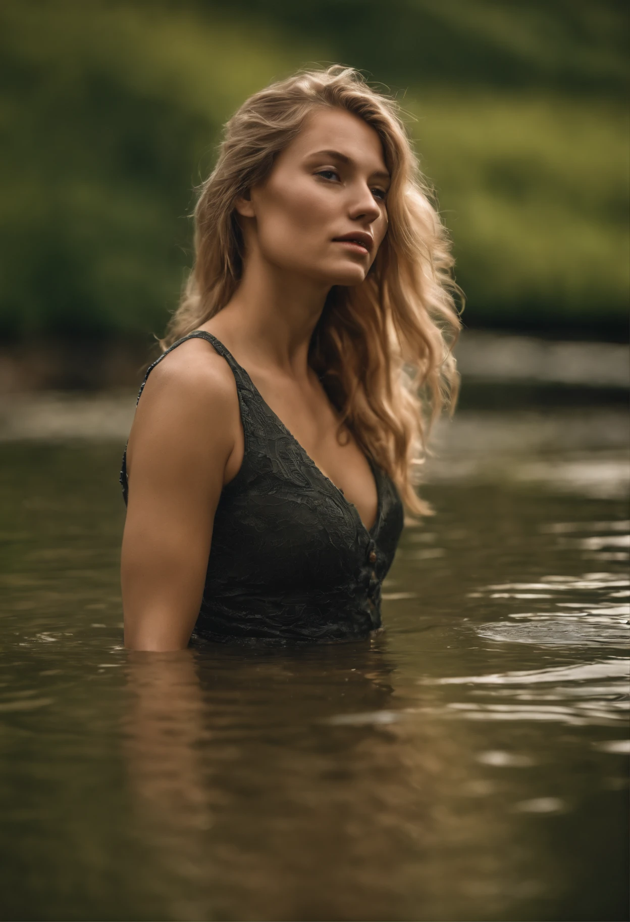 Young and beautiful woman, blondes Haar, that falls gently on the shoulders in waves, average height, athletic body, big green eyes, helle Haut, Im Badeanzug von hinten fotografiert, syd, Die Umgebung wird von Lichtern mit warmen und angenehmen Farben beleuchtet, make their hair shine, Ihr Antlitz ist von Natur aus heiter, 8K-Textur, sehr detailliert, Realistisch, Weiches Kinolicht, HDR, Scharfer Fokus, Meisterwerk, fotoRealistisch, Photography Award - Gewinner der Canon EOS R5, 35 mm
