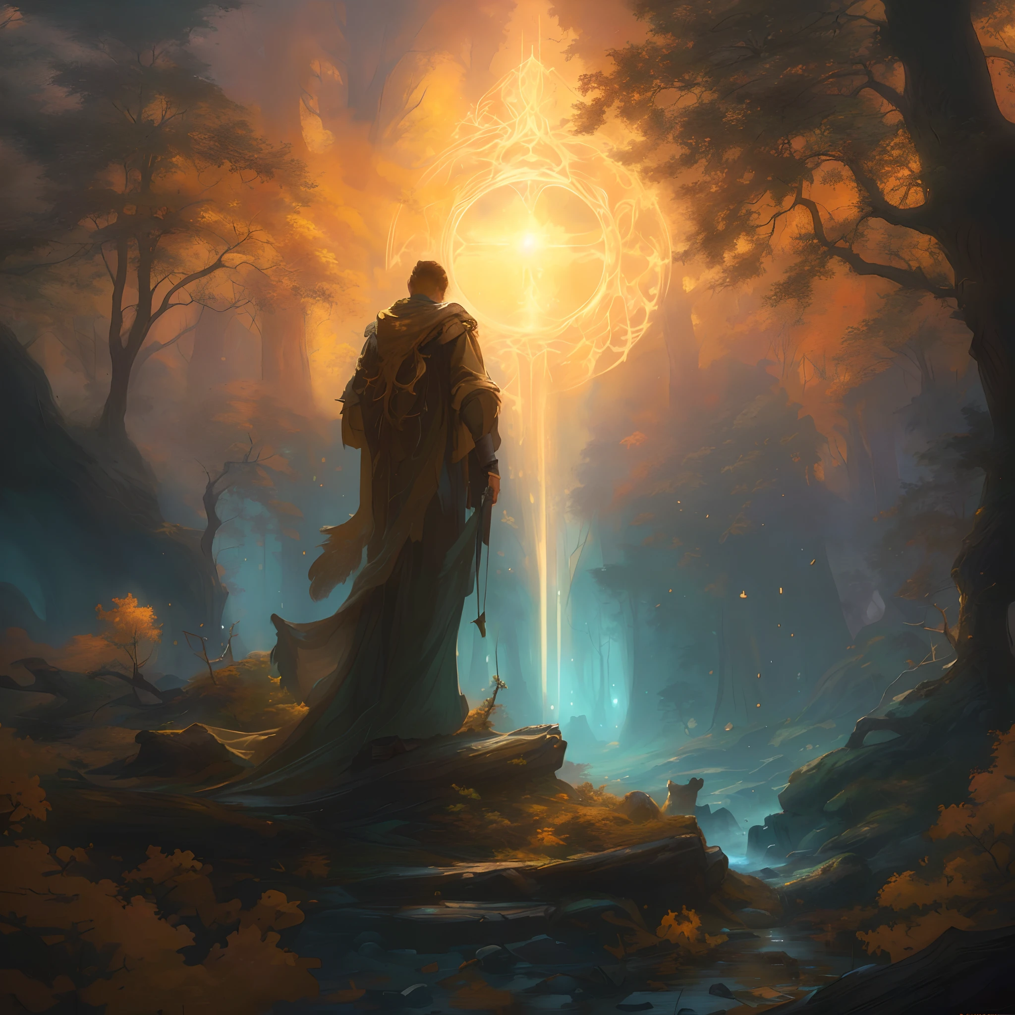 a painting of a man standing in a forest with a light shining over him, by Andreas Rocha, peter mohrbacher and dan mumford, peter mohrbacher digital art, james gurney and andreas rocha, andreas rocha style, andreas rocha and john howe, peter mohrbacher style, peter mohrbacher'', peter mohrbacher c 2 0