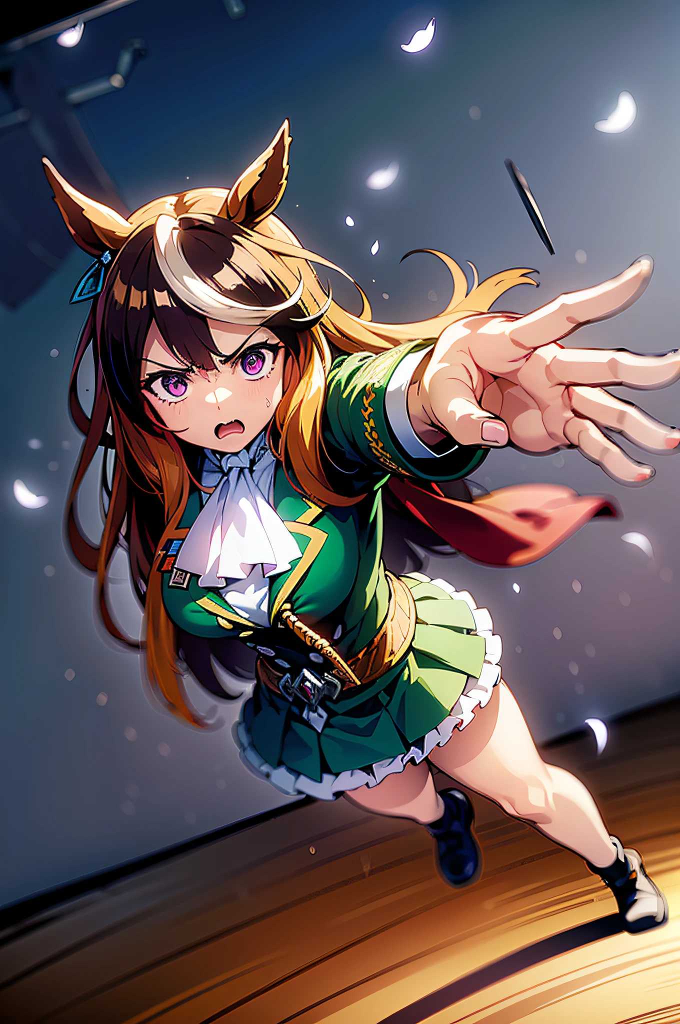(top-quality:1.3), (​masterpiece:1.4),(Anatomically correct), (Full limbs),(complete fingers),(Precise fingertips), (Fine details),(8K),Photorealista,(Super Detail),(90s Anime,9 0 s anime,9 0 s anime style,anime cels,cel shaded anime),(Symbolic Rudolph (Umamusume):1.52), horse ear, animal ear, 独奏, Horse Girl, tailed, Horse's tail, thighs thighs thighs thighs, brown haired, gloves, length hair, O cabelo multicolorido, black thighhighs, white glove, epaulette, Single epaulette, striated hair, Cape, a purple eye, red cape, jewely, ascot, long-sleeve, white  hair, Black footwear, 耳Nipple Ring, White Ascot, Single earring, skirt by the, Ezirre, (Green jacket:1.5), frilld, jaket, hair between eye, (Green skirt:1.5), Ruffled skirt, a closed mouth, bangss, buttoning, gold trim, a belt, Green dress, doress, medal, (1人の女性:1.5), Beautiful face, Intense lighting),raw, Dramatic light, 1 girl, ((rage)), Color Theme Red, Dramatic light, Violence Everywhere, Bloody destruction of corpses in the background, Dark and blurry background, (angry expressions:1.4), (Raging Eyes:1.2), ), Mental breakdown, intimidation, Ways to harm, (irate:1.4), revenge, rage, destruction, murder, Maniacal,magician, spell magic, Magic Circle, ((magic in hand)),(using light magic:1.4),water magic, imaginative overlays, artistic fusion,fantastical scenes, evocative narratives, striking visuals,((Depth of field and blur)), ((watercolor paiting)), Large breasts, Bare shoulders, Flowers and petals, Conceptual diagram of Bevera , (White background:0.5), (Illustration :1.1), (Very thin and beautiful: 1.1), (perfect  detail: 1.1) Doodle style background, liberta, souls, Digital Illustration, Perfect Anatomy, Centered, Approaching perfection, Dynamic, Highly detailed, Watercolor painting, art  stations, Concept art, Smooth, Sharp Focus, Illustration,(Fighting Pose:1.25),((Magical Dark Forest :1.2)),at the sunset, a moon, ((Strong dark shadows recommended for the scene:1.2)), Golden flowers ,((glowing butterflies )), Beautiful magic style, Golden Water Reflection,Fierce, concept-art, Digital Painting,Step onto the ground ready to fly to the top of an ancient Chinese temple ready to fight, Tall ancient Chinese temples, Night, nigh sky, (Cracked ground:1.2), Step into the ground, Monkey walking on the ground, Snow and clouds on the horizon, Flying,((yawns))、dance,(Artistic jumps:1.25),break dance,Strenuous movements,Stacked cargo container,Cracked concrete walls,Road exhaust,Countless white steam is coming out,The road surface is wet,Damaged buildings,Broken brick building,Fluttering hair,Beautuful Women,17 age,Bright smile,profetional lighting,Gray Light Lighting,Low angle from below,Blowing steam into the landscape,Fog in the landscape、Foggy、(Smooth limb movement,Palms,Smooth finger position),mont，rose garden,Colorful flowers,soft sunlight,Dancing butterflies,painting-like,Ethereal Atmosphere,Vibrant colors,（myst：0.9），（falls：0.8），（The cherry tree：1.3），（Cinematic compositions：1.3），（dream magical：1.3），hoang lap，blue flames，plasma，Particle effect，Crystal clear texture，Vibrant colors,（Skysky），spaces，starrysky,Skysky，intergalactic，depth of fields，light，Real Lights and Shadows，diffuse reflection，Dreamy and whimsical,Peaceful and charming,Colorful,painting coming to life,Totally captivating and charming,Simply breathtaking,