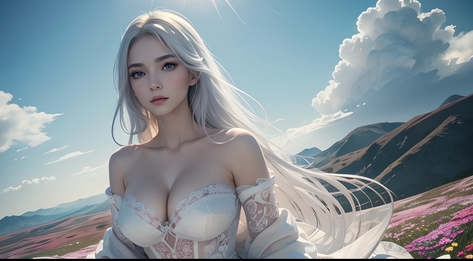 8K high-definition,Look down from above,A sea of flowers,The scene is magnificent,The field of view is wide,A variety of beautiful wildflowers,realistic visual effects,Sexy goddess,Delicate facial features,The eyes are one red and one blue,attractive beautiful,clouds,White clouds fill the sky,Gentle lighting,Delicate warmth,the soft light,hyper HD, Extremely colorful,best qualityer,perfect female shape,HighDynamicRange,long eyelasher,Unbeatable masterpiece,Snow-whiteskin,putting makeup on,Strange sky,A pair of big eyes are beautiful and moving,White skin,Makeup,Sexy outfit,,Sexy goddess,Sexy outfit,Wear white lace,With silver,Snowy