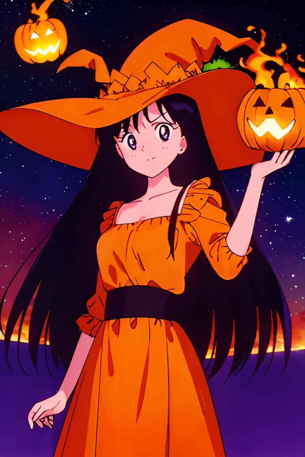 best quality, masterpiece, 1girl, black hair, long hair, witch costume, halloween, pumpkins, ((night sky)), dark, flames