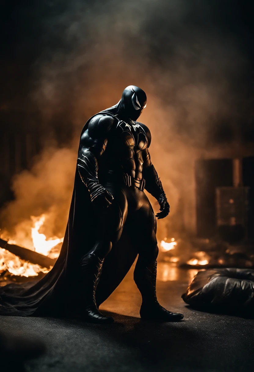 Venom in slime form combined with The Dark Knight, evil, enemy, black torn Cape, dark scene, smoke, fire