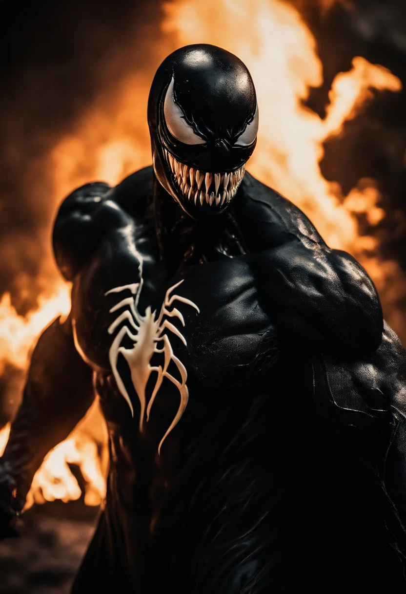 Venom in slime form combined with The Dark Knight, evil, enemy, black torn Cape, dark scene, smoke, fire