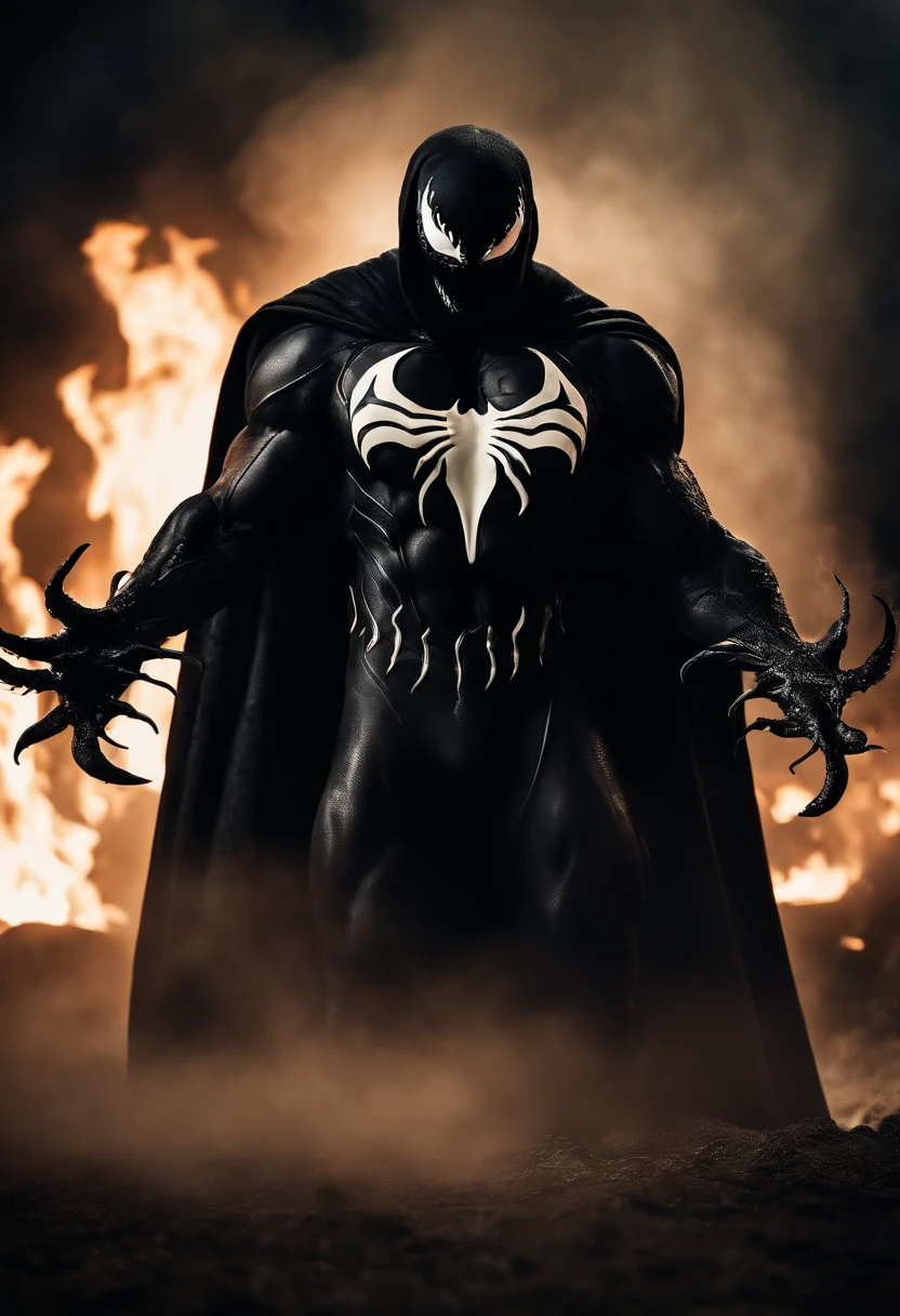 Venom in slime form combined with The Dark Knight, evil, enemy, black torn Cape, dark scene, smoke, fire