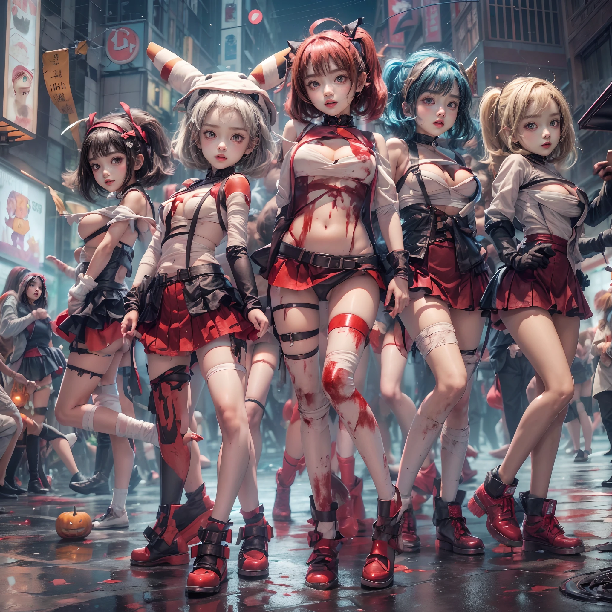 (((SFW, NSFW STILL SHOW, 12 Tiny Girls in a row:1.2, Shibuya Hachiko-mae scramble crossing on Halloween:1.2))), ((masterpiece:1.2, best quality, photorealistic:1.37)), {(Standing Full Body:1.2)|(from below:1.2)}, bandaged full body, (bandaged head and limbs), ((naked bandage)), {((bloody))|blood paste|(Red-stained bandages)}, ((Detailed KAWAII face, Detailed glistening ivory skin)), {Bustling street|Crossroads|(Passerby schoolgirls)| halloween| neon}, {(Childish:1.2|Gigantic Cleavage:1.37|Underboob:1.2)}, {Red leather high collar| random weapons|shotgun|Pikachu hood|random hair colors}, {Floating hair|Strong wind|(((Ass focus)))}, Skirtlift, {(Kissing face to face)|:p|:d|laugh|sparkle|joyful|delighted|Drunk},extremely Detailed,