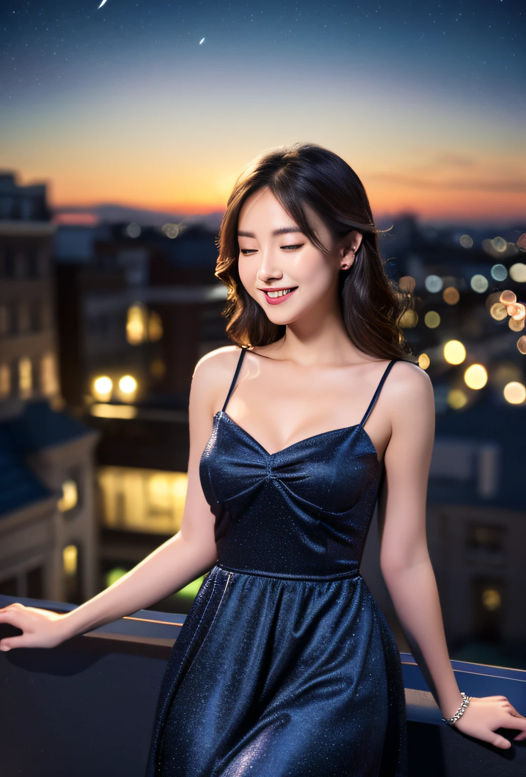 (8k, top quality, masterpiece: 1.2), (realistic, photorealistic: 1.37), super detailed, girl single, cute, solo, midnight, beautiful detailed sky, detailed café, sitting, date, (blush), (smile: 1.15), small breasts (mouth closed), beautiful fine eyes, floating hair NovaFrogStyle, back open dress
