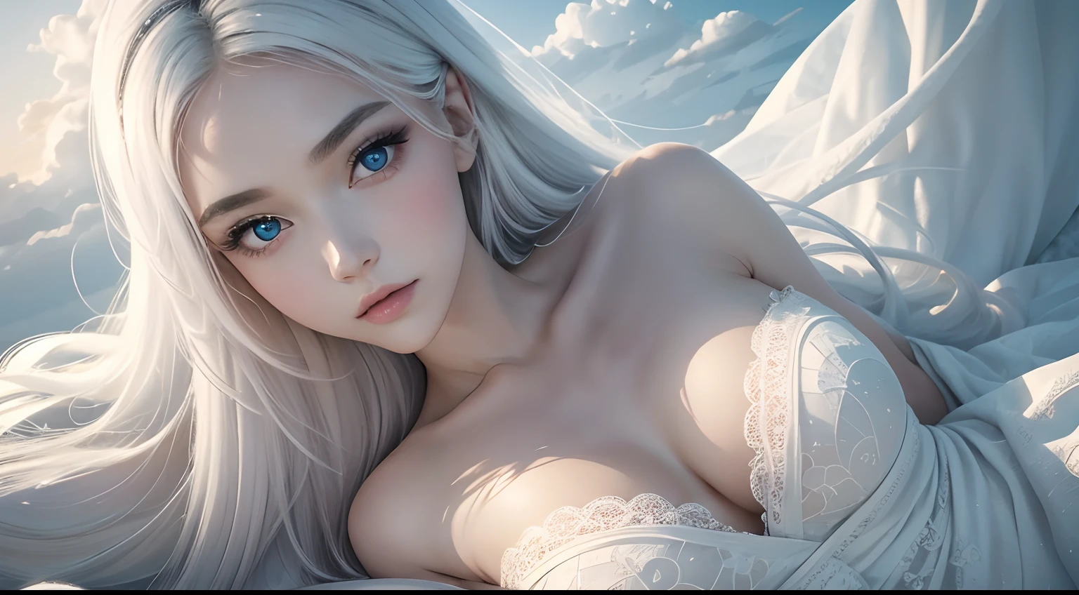 8K high-definition，Look down from above，A sea of flowers，The scene is magnificent，The field of view is wide，A variety of beautiful wildflowers，realistic visual effects，Sexy goddess，Delicate facial features，The eyes are one red and one blue，attractive beautiful，​​clouds，White clouds fill the sky，Gentle lighting，Delicate warmth，the soft light，hyper HD， Extremely colorful，best qualityer，perfect female shape，HighDynamicRange，long eyelasher，Unbeatable masterpiece，Snow-whiteskin，putting makeup on，Strange sky，A pair of big eyes are beautiful and moving，White skin，Makeup，Sexy outfit，，Sexy goddess，Sexy outfit，Wear white lace，With silver，Snowy