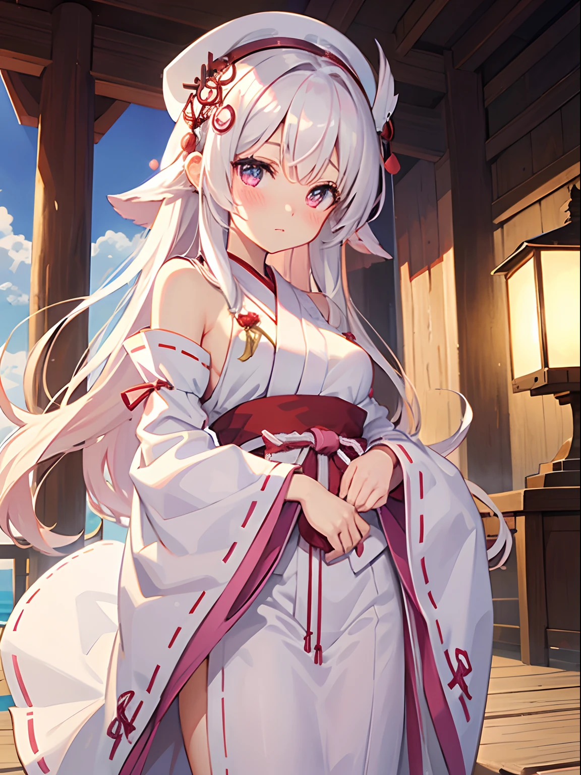 Shrine maiden、Animal ears、Silver Hair、Pink Eyes、Pink eyes、Small breasts、cute、1 person、Long Hair、Straight Hair