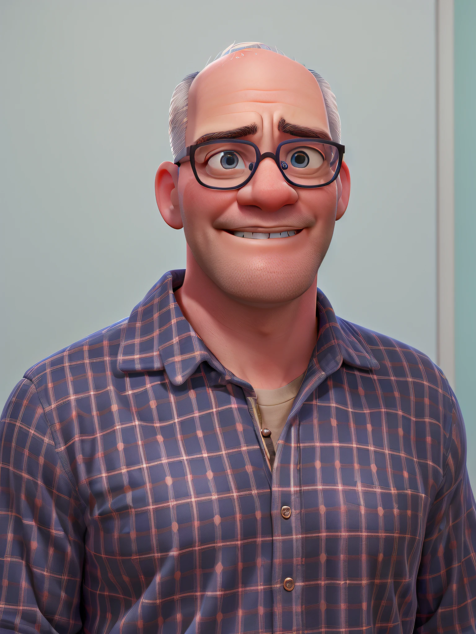 A white, bald man, wearing blue round glasses, Disney Pixar style, high quality, best quality.