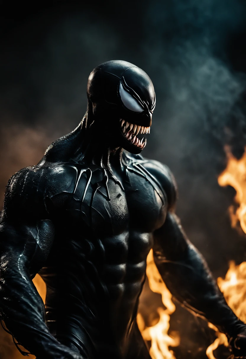 Venom in slime form combined with Wolverine from the X-men, evil, enemy, dark scene, smoke, fire