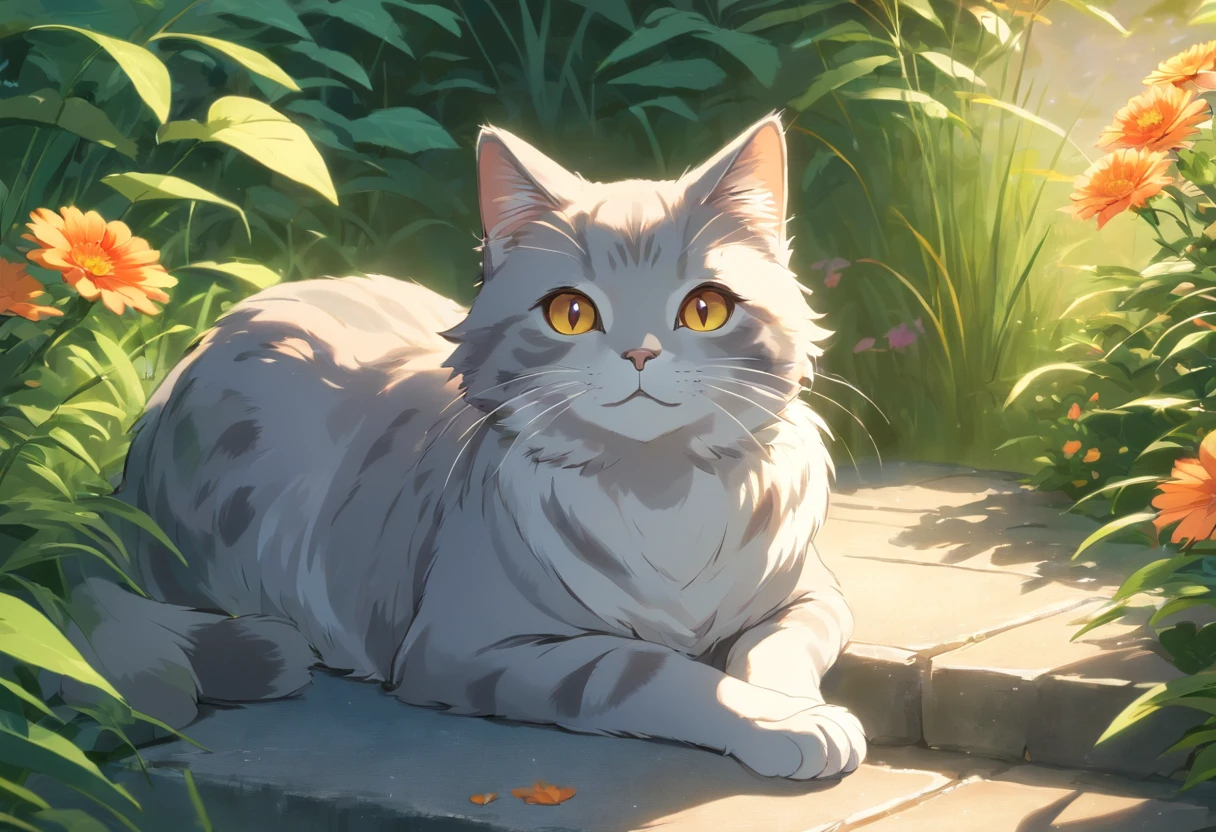 A light grey tabby british cat, detailed bright orange eyes and fur, sitting in a sunlit garden, surrounded by colorful flowers. Happy face, smile. Soft, warm lighting illuminates the scene, highlighting the cat's delicate features. The cat is peacefully resting on a mossy stone bench, its tail gently curled around its paws. The garden is lush and vibrant, filled with tall grass and blooming plants of various colors. The cat's fur has a soft and glossy texture, with subtle variations in shades of grey and tan. The eyes are a striking combination of green and yellow, with intricate patterns that reflect the sunlight. The overall image quality is of the highest standard, with ultra-detailed fur and realistic textures. The colors are vivid and harmonious, with a mix of pastel tones and vibrant hues. The lighting creates a warm and inviting atmosphere, casting soft shadows on the ground and adding depth to the scene.