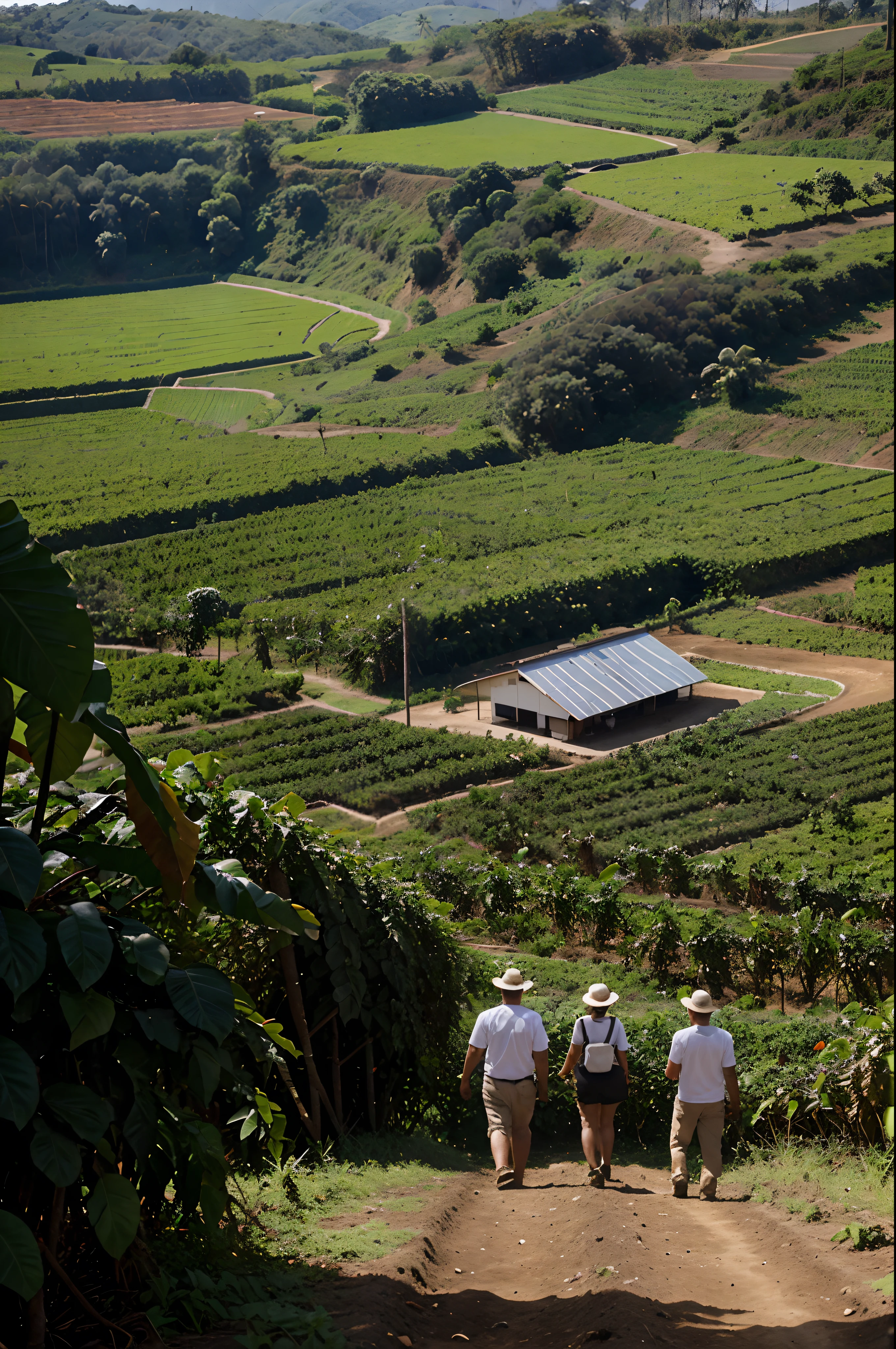Draw a Coffee Farm, no telhado da fazenda, as placas fotovoltaicas captam a energia solar. In the background, a tour guide leads a group of 3 visitors through the coffee plantation and a farmer takes care of the plantation.