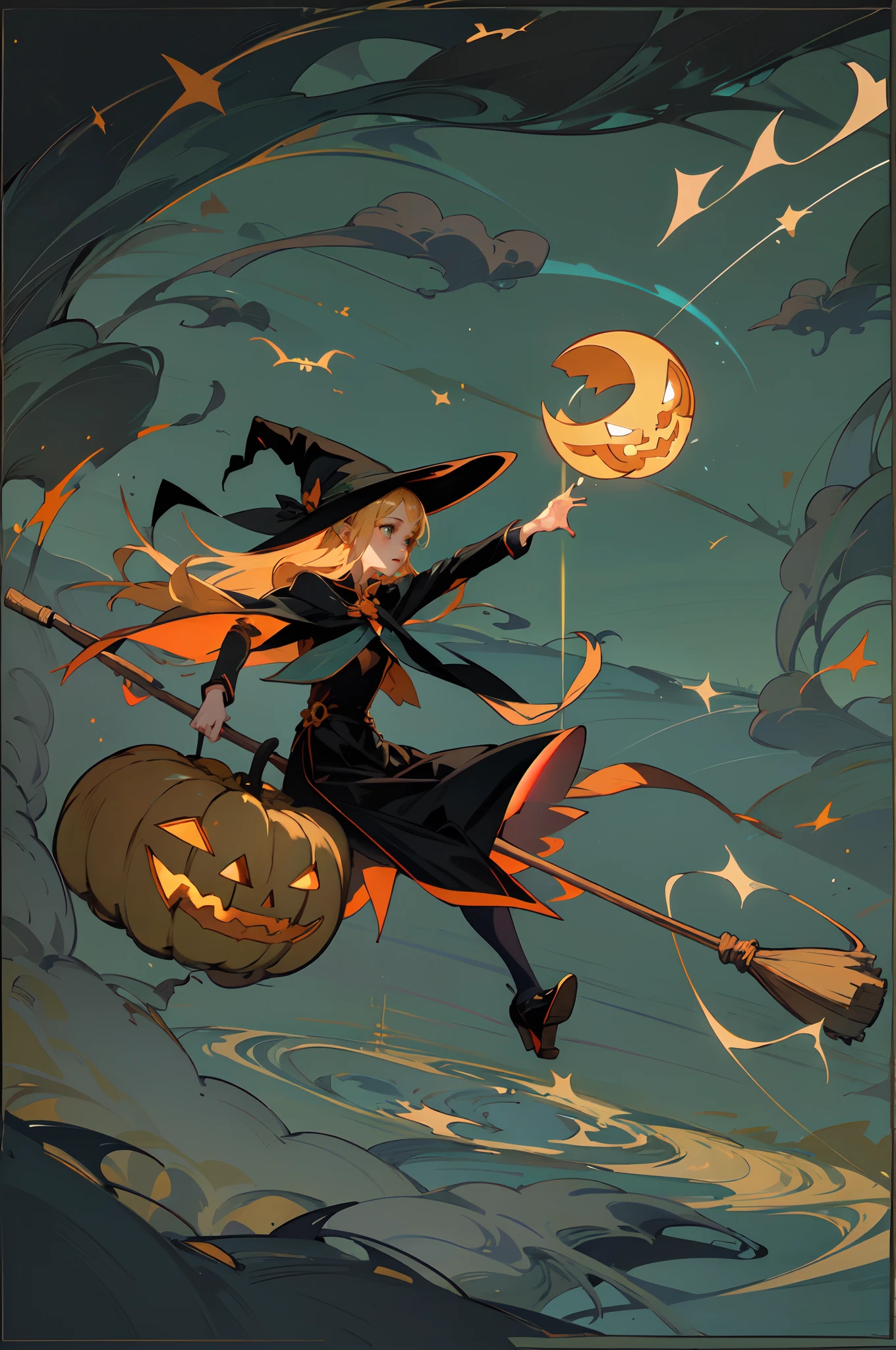 The witch flies through the air on a broom. She is light々and soaring, A jack-o'-lantern lamp shines at the end of the broom.Flat Color Artwork)(Stylish design )(of the highest quality)(It features a simple)(Superflat)(Contemporary art)(Flat and many margins)