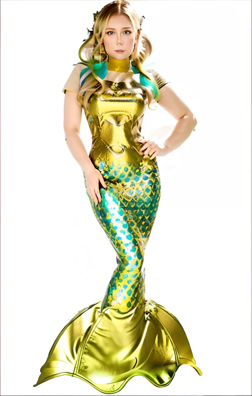 Woman in mermaid costume posing for photo, kristen bell as a mermaid, Mermaid Body, ariana grande as a mermaid, Mermaid tail, emma watson as a mermaid, Emma Watson(Sea Mermaid), mermaid, beautiful mermaid, jeweled costume, cory chase as an atlantean, full - body and head view, mermaids, Wearing elaborate green and gold