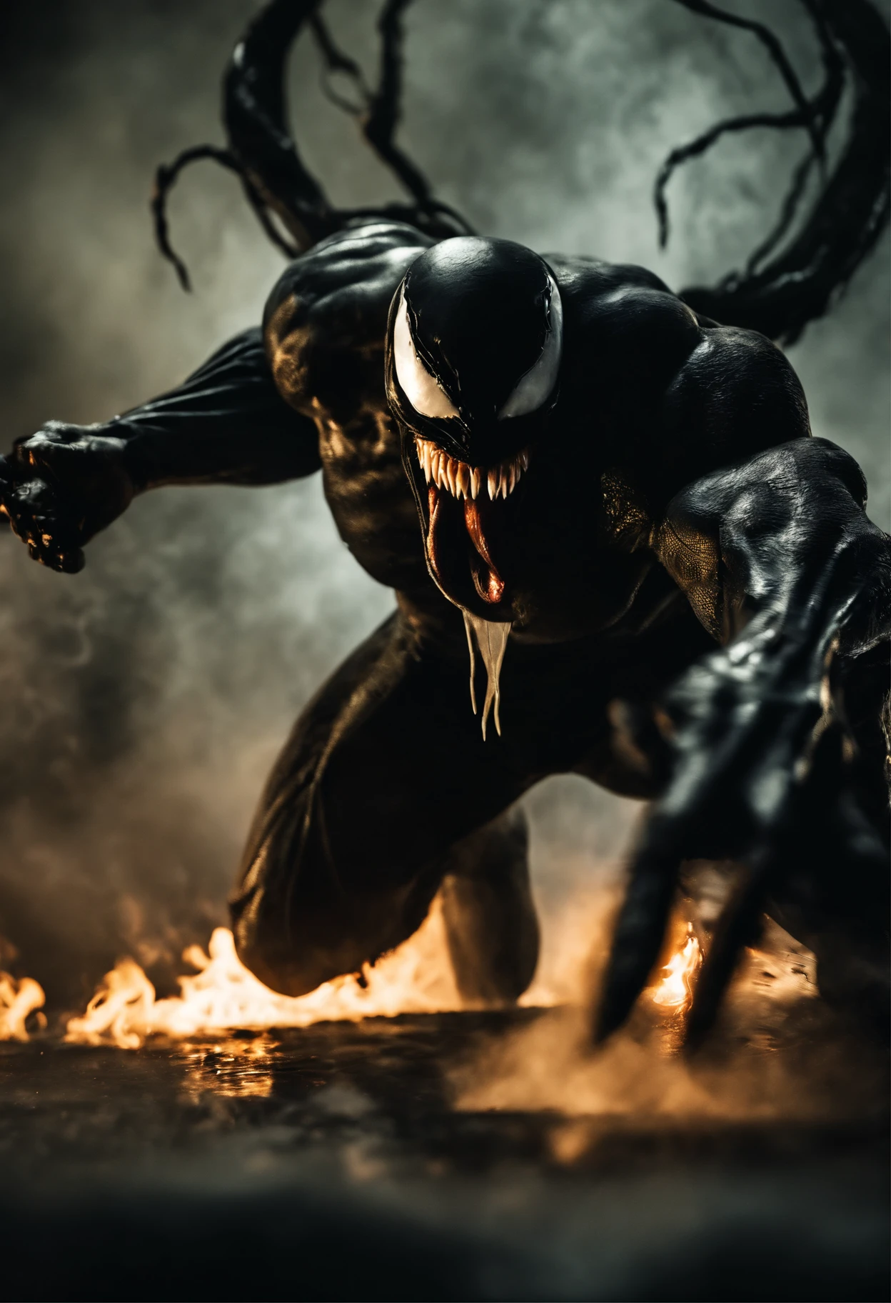 Venom in slime form combined with Wolverine from the X-men, evil, enemy, black torn Cape, dark scene, smoke, fire