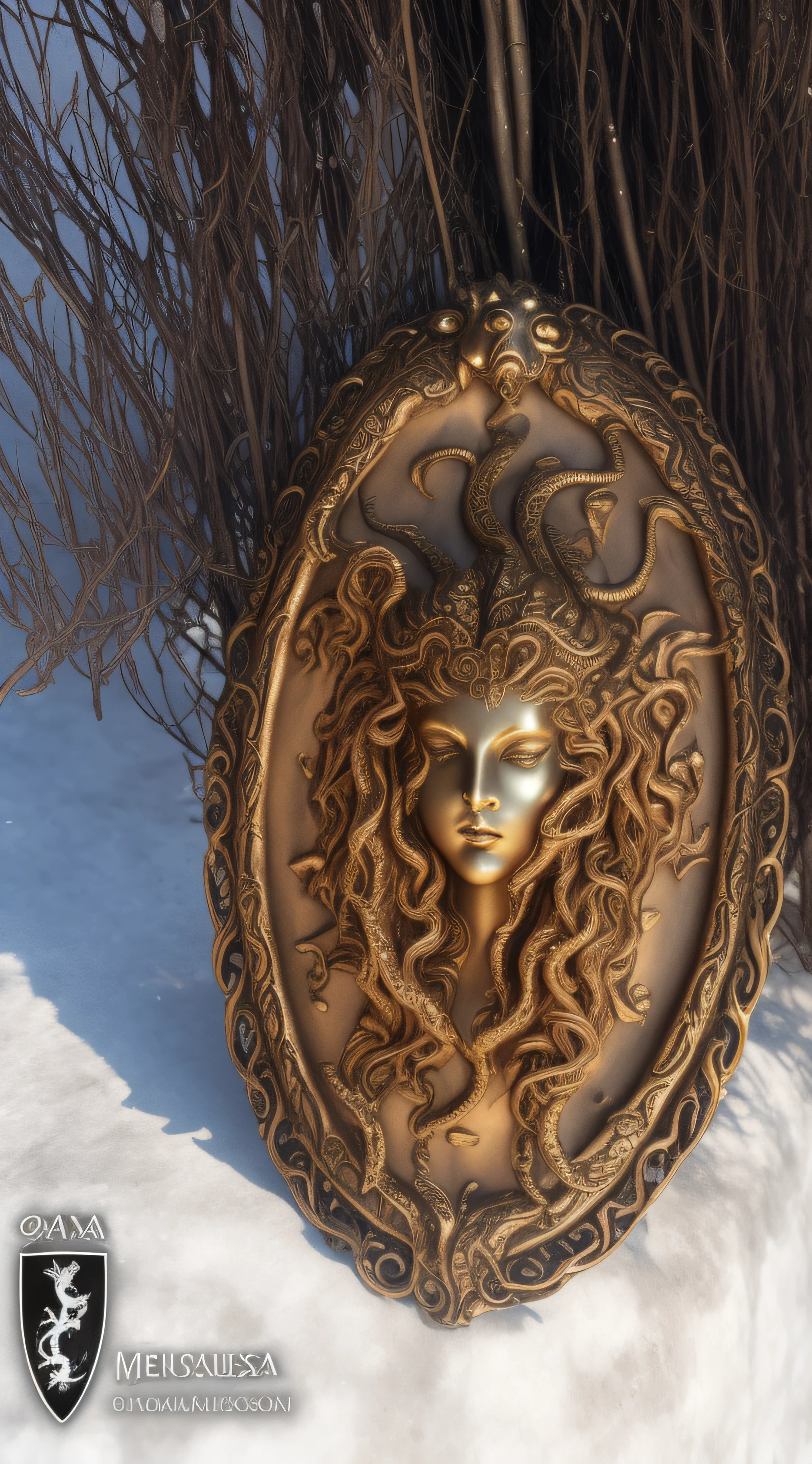 a close up of a metal plate with a dragon on it, medusa gorgon head, gorgon, beautiful female gorgon, a beautiful detailed orixa, bronze sculpture of medusa, fantasy shield, medallion, medusa head, greek godness portrait sculpture, а fantasy proto-slavic mythology, medusa made of soft wax, golden etched breastplate, medusa made of wax