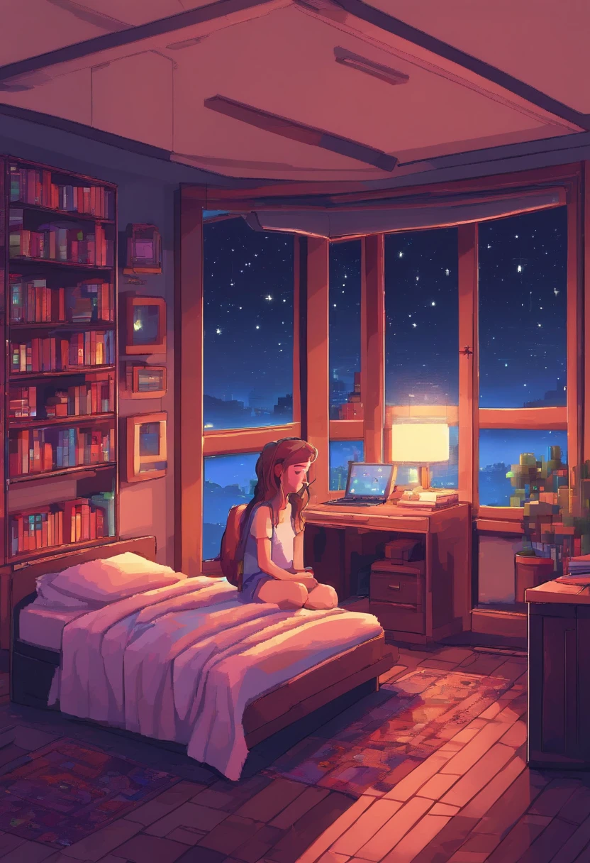 Beautiful girl in her room in the city Waring Earpads Studding a Computer Book Infront Stars in Window at Night Hyper Realistic,8k,HD ultra detalhado,Estilo Pixar,High definition,16:9