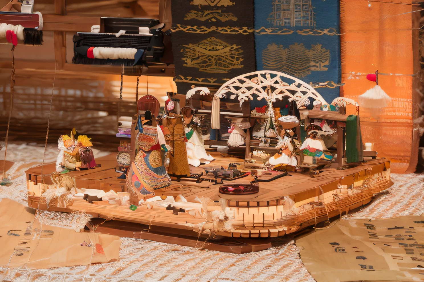 isolated on a white background,On the Eight Tone Box, there are puppets weaving on a weaving machine, wooden assembly models, ethnic styles, Yao costumes, and fairy tale styles