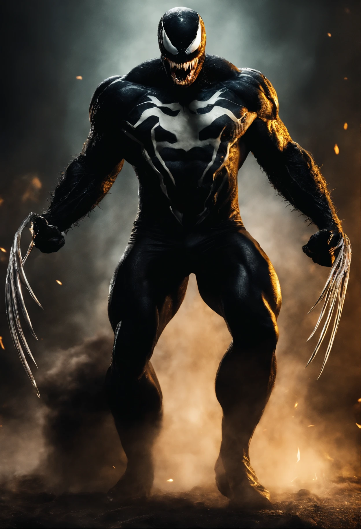 Venom in slime form combined with Wolverine from the X-men, evil, enemy, black torn Cape, dark scene, smoke, fire