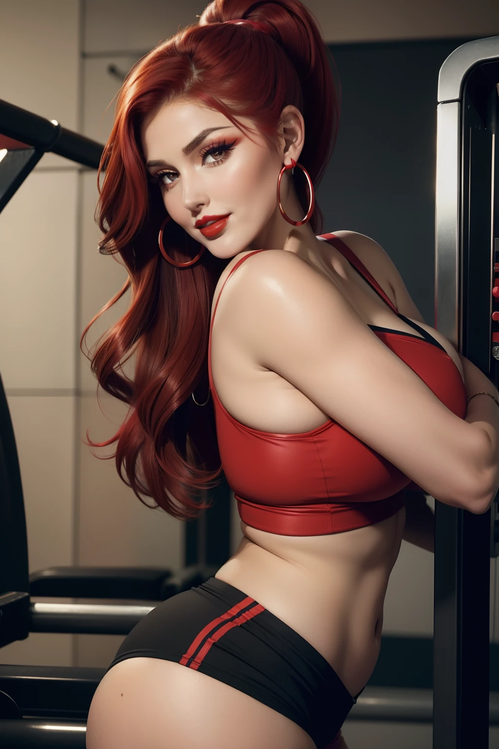 Lucy Pinder, Face portrait, Beautiful face, smiling, cleavage, red hair, straight hair, Ponytail, Hoop earrings,((Very intense makeup)), ((Red lipstick)), black crop top, shorts, beautiful buttocks, ((voluptuous woman)), Back, in the gym.