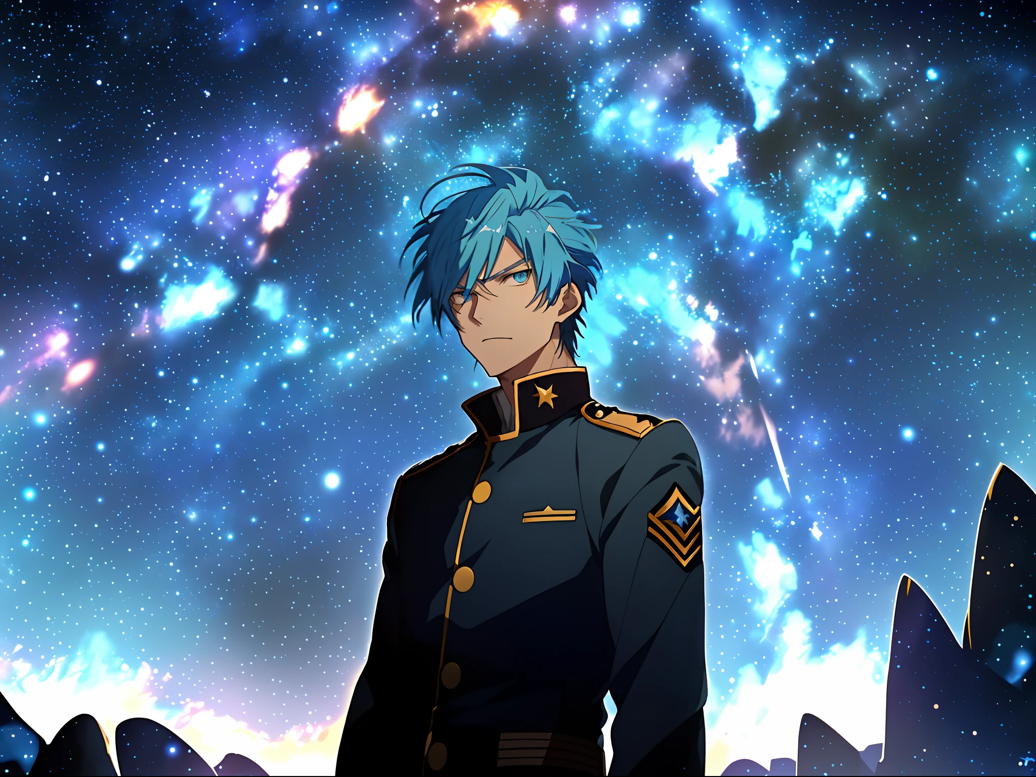 Anime - A stylistic image of a blue-haired man in a dark blue military uniform,Starry sky!Starlight,Starry sky,Desert at night,Key anime art,Tall anime guy with blue eyes,official anime still,Urano,key anime visuals,on a galaxy looking background,Starry sky,2 d anime style