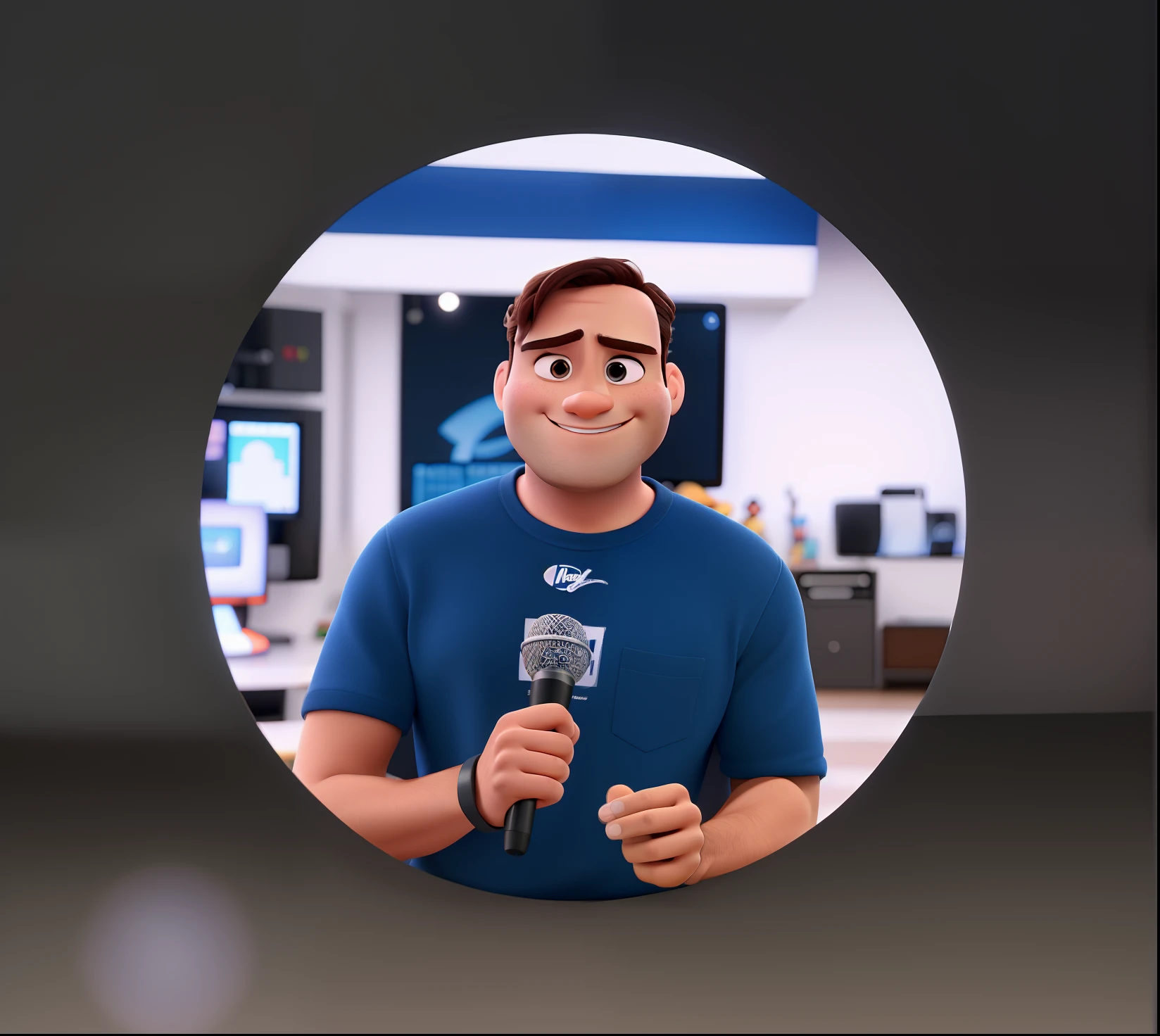 um homem estilo Disney pixar, alta qualidade, melhor qualidade, television presenter, microfone