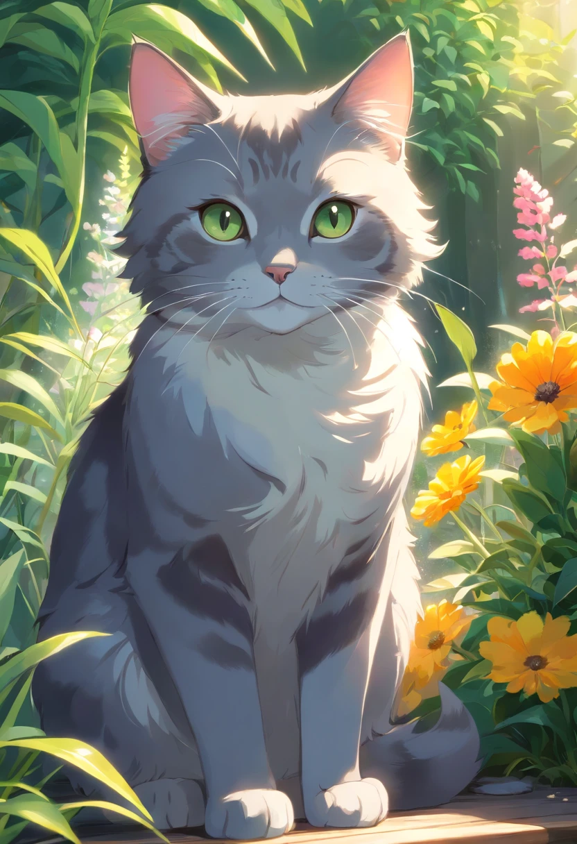 A dark grey short haired british cat, detailed eyes and fur, sitting in a sunlit garden, surrounded by colorful flowers. Soft, warm lighting illuminates the scene, highlighting the cat's delicate features. The cat is peacefully resting on home wooden table, its tail gently curled around its paws. The garden is lush and vibrant, filled with tall grass and blooming plants of various colors. The cat's fur has a soft and glossy texture, with subtle variations in shades of grey and tan. The eyes are a striking combination of green and yellow, with intricate patterns that reflect the sunlight. The overall image quality is of the highest standard, with ultra-detailed fur and realistic textures. The colors are vivid and harmonious, with a mix of pastel tones and vibrant hues. The lighting creates a warm and inviting atmosphere, casting soft shadows on the ground and adding depth to the scene.