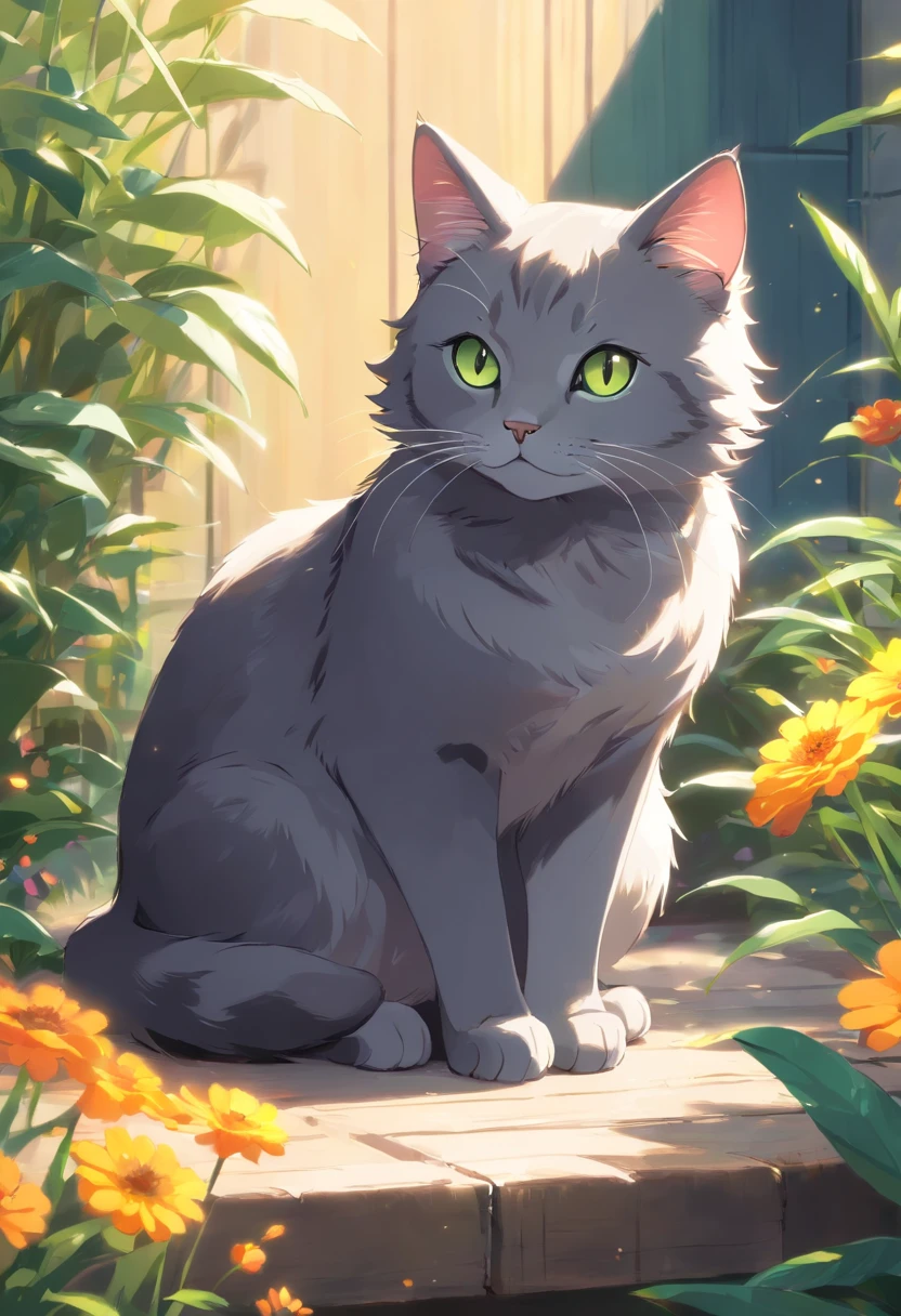 A dark grey short haired british cat, detailed eyes and fur, sitting in a sunlit garden, surrounded by colorful flowers. Soft, warm lighting illuminates the scene, highlighting the cat's delicate features. The cat is peacefully resting on home wooden table, its tail gently curled around its paws. The garden is lush and vibrant, filled with tall grass and blooming plants of various colors. The cat's fur has a soft and glossy texture, with subtle variations in shades of grey and tan. The eyes are a striking combination of green and yellow, with intricate patterns that reflect the sunlight. The overall image quality is of the highest standard, with ultra-detailed fur and realistic textures. The colors are vivid and harmonious, with a mix of pastel tones and vibrant hues. The lighting creates a warm and inviting atmosphere, casting soft shadows on the ground and adding depth to the scene.