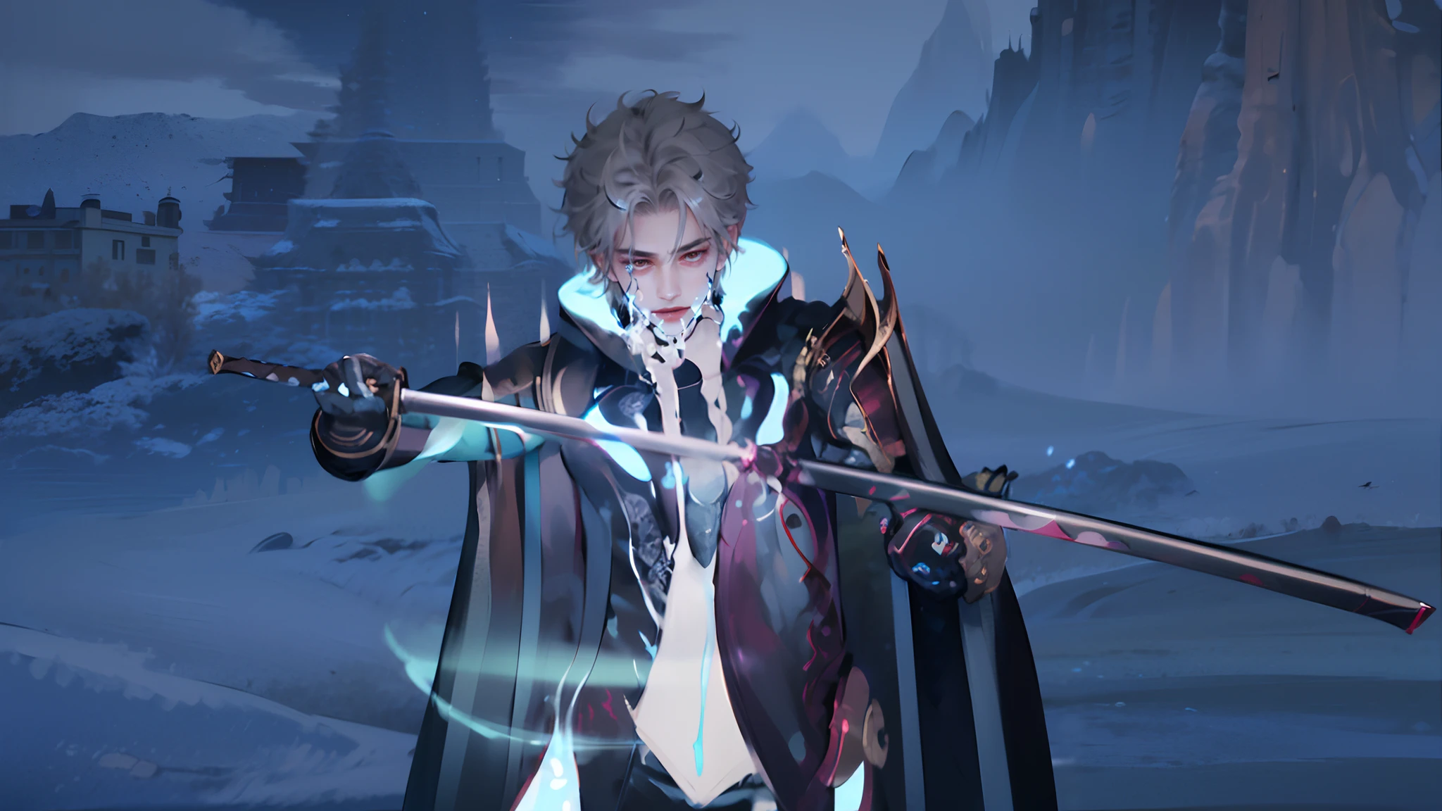 (Absurdres, Intricate Details, Masterpiece, Best Quality, High Resolution, 8k), (1man), (male:1.2), chiseled jawline, finely detailed eyes and face, thin body, physique exudes strength and power, sienna skin, finely detail eyes and face, grey hair, spiky hair, red eyes, grateful, (style-swirlmagic:0.8),  solo, half shot, looking at viewer, detailed background, detailed face, (GlowingRunesAI_paleblue, glowing runes theme:1.1), bubble-mage, smiling, walking, Lilac sorcerer robes, surrounded by   bubbles,  floating orbs, large bubbles, wisps of magic,  vortex, floating  particles,  transclucent,   radiant,  bubbles in background, intricate patterns,  fog, nighttime, moonlight,, exact, Depth of Field, VFX, Realistic, katana, unsheathing katana, vampire, suit, mountain in background