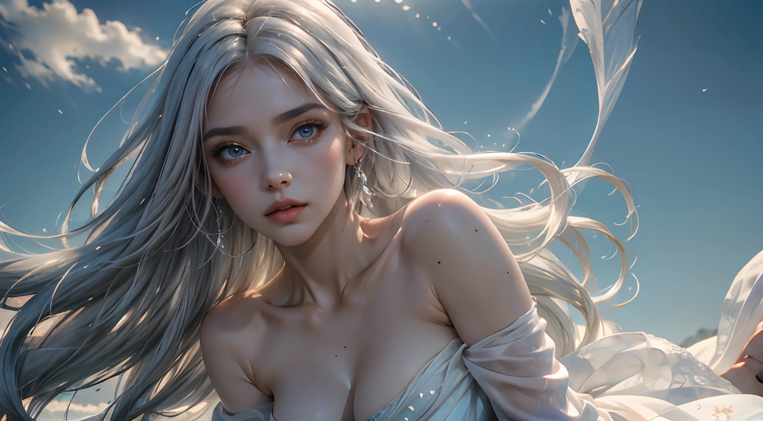 8K high-definition，Look down from above，A sea of flowers，The scene is magnificent，The field of view is wide，A variety of beautiful wildflowers，realistic visual effects，Sexy goddess，Delicate facial features，The eyes are one red and one blue，attractive beautiful，​​clouds，White clouds fill the sky，Gentle lighting，Delicate warmth，the soft light，hyper HD， Extremely colorful，best qualityer，perfect female shape，HighDynamicRange，long eyelasher，Unbeatable masterpiece，Snow-whiteskin，putting makeup on，Strange sky，A pair of big eyes are beautiful and moving，White skin，Makeup，Sexy outfit，，Sexy goddess，Sexy outfit，Wear white lace，With silver，Snowy