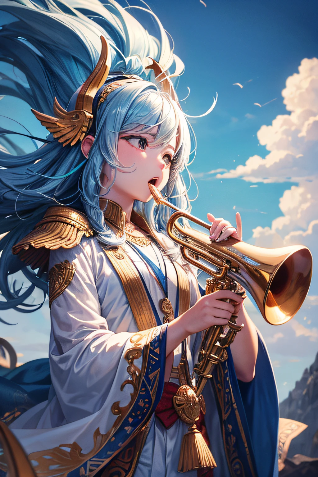 God of music blowing trumpets in the sky