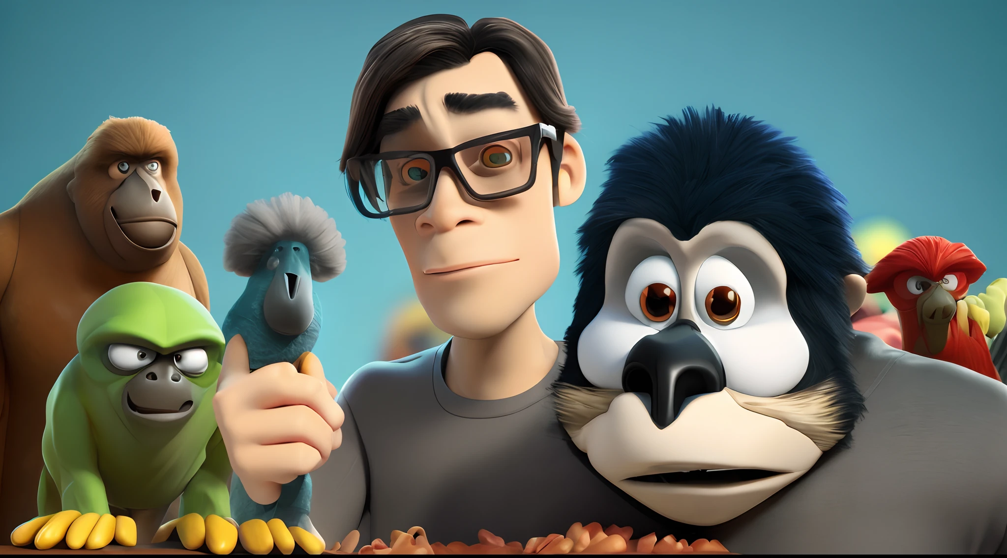 Create a 3d movie poster disney pixar style named "Frederico infravermelho", Dark bedroom background ,poster, the main character is a nerd geek,short hair,black square glasses, scared looking to front with long and raised brows,black shirt and jeans who likes To use social media, his pet is a brown parrot that is in his shoulder, in the back of his room there is lots of nerdy people,Gorillas, guns, wojaks, on the background,Green,brown and blue background pallete, shares social media secrets, ((Disney Pixar movie style)), –ar 9:16, 3d animated film, 3d animated movie, 3d children's animated films,3d movie promotional image, 3d animated movie still, 3d children's cartoon, official art, 3d animated series, animation film, movie promotional art, animated cartoon series, official artwork, 3d animated movie, animated film still, animated movie scene, animated movie shot, promotional art, kids movie.