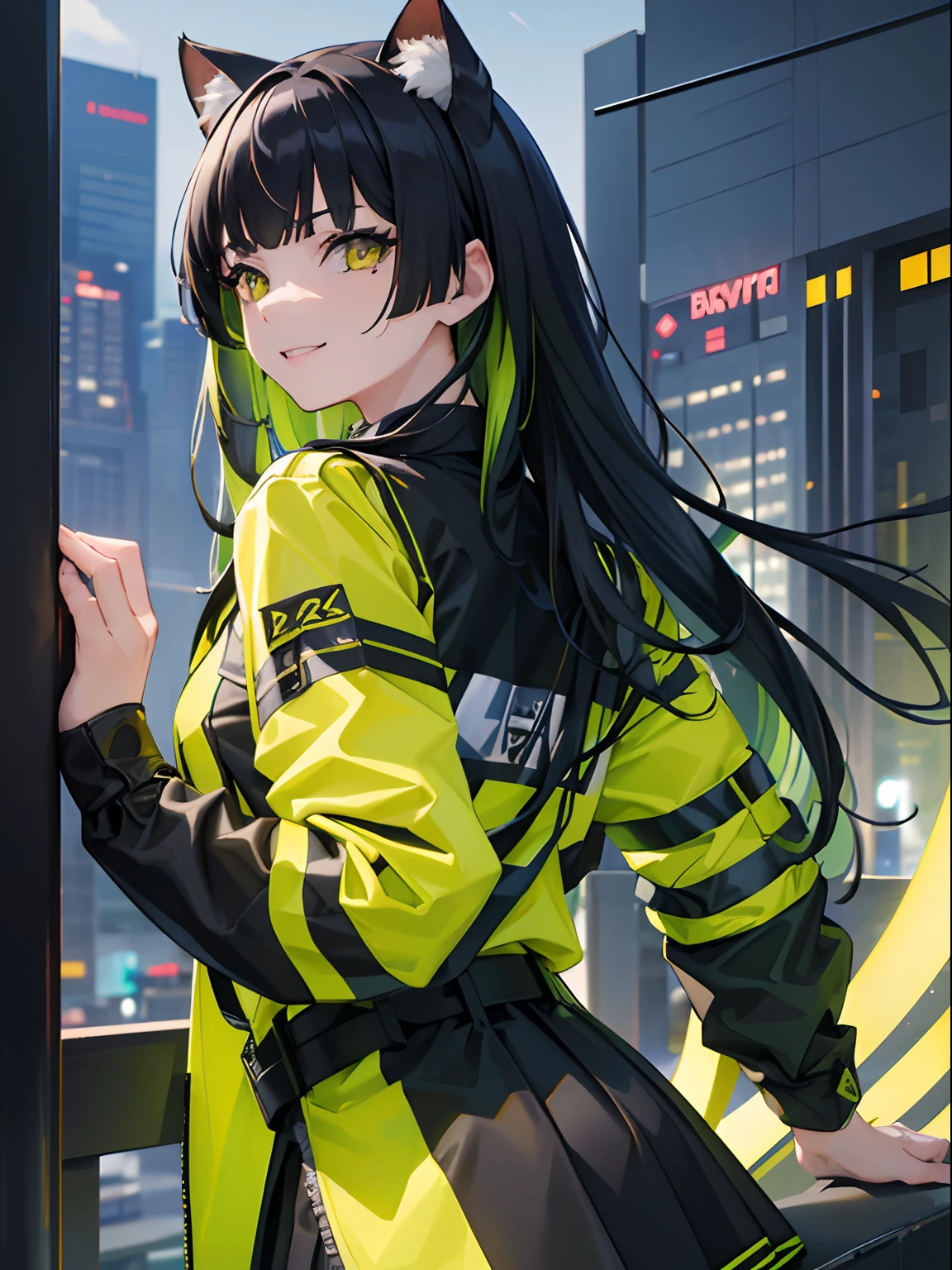 masterpiece, best quality, 1girl, black hair with green highlights, yellow eyes, cat smile, cowboy shot, school uniform, cyberpunk city, detailed eyes, detailed facial features, realistic and high resolution (best quality, 4k, 8k, highres, masterpiece:1.2)