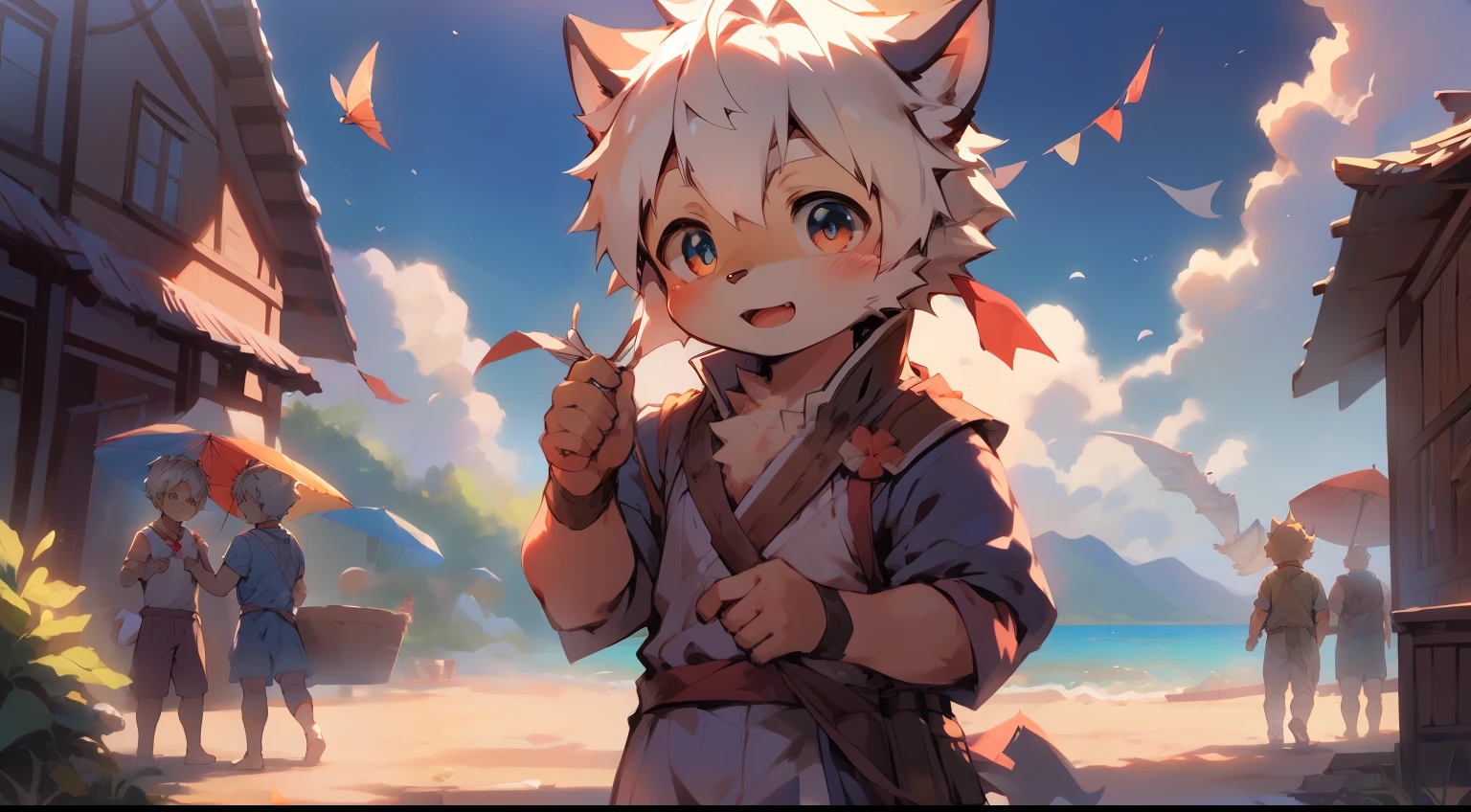 Children of wolves, anthro, Cute and delicate eyes, Wear casual children's clothing, playing and flying kites, On a green lawn, Blue sky less white clouds, cute artwork, Anime style, High-resolution HD 4K，boy，male people （Fine and detailed eyes and detailed face） , （Handsome face） , （Perfect anatomy） ，thick bushy eyebrows，short detailed hair，Very Fine Detail， 4K , 8K ，cinematric light，stunning art，Beautiful scenery by Pino Daeni, canyne khai, milkytiger1145, Dagasi, Yupa，