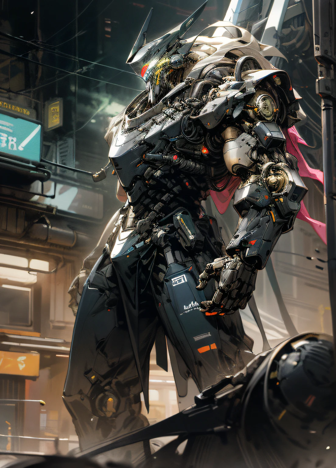 ciberpunk, 1male, Cybernetic guardian, Mechanical Knight, silver & Chrome colours, Neon City, topquality, hight resolution, hyper detailed