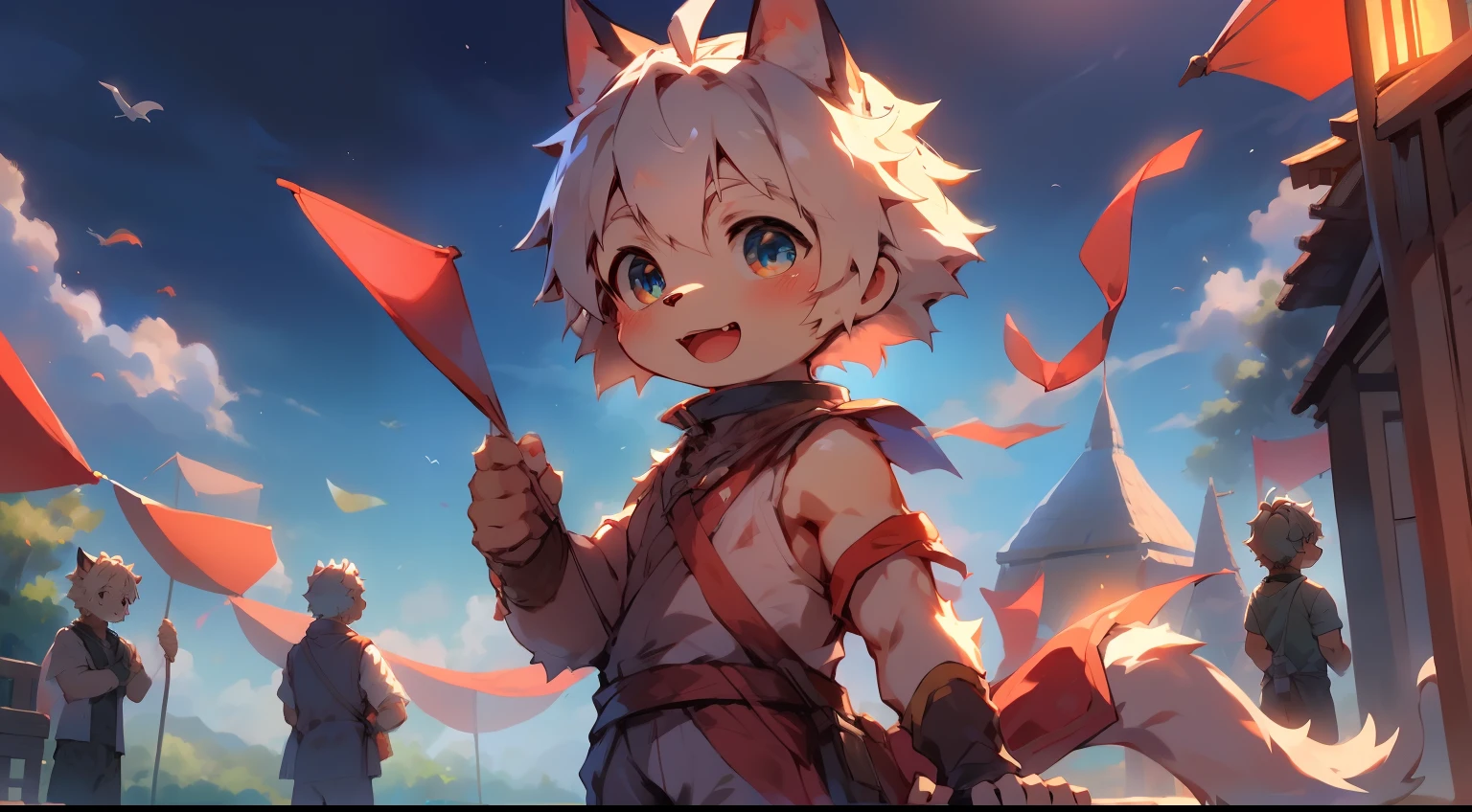 Children of wolves, anthro, Cute and delicate eyes, Wear casual children's clothing, playing and flying kites, On a green lawn, Blue sky less white clouds, cute artwork, Anime style, High-resolution HD 4K，boy，male people （Fine and detailed eyes and detailed face） , （Handsome face） , （Perfect anatomy） ，thick bushy eyebrows，short detailed hair，Very Fine Detail， 4K , 8K ，cinematric light，stunning art，Beautiful scenery by Pino Daeni, canyne khai, milkytiger1145, Dagasi, Yupa，