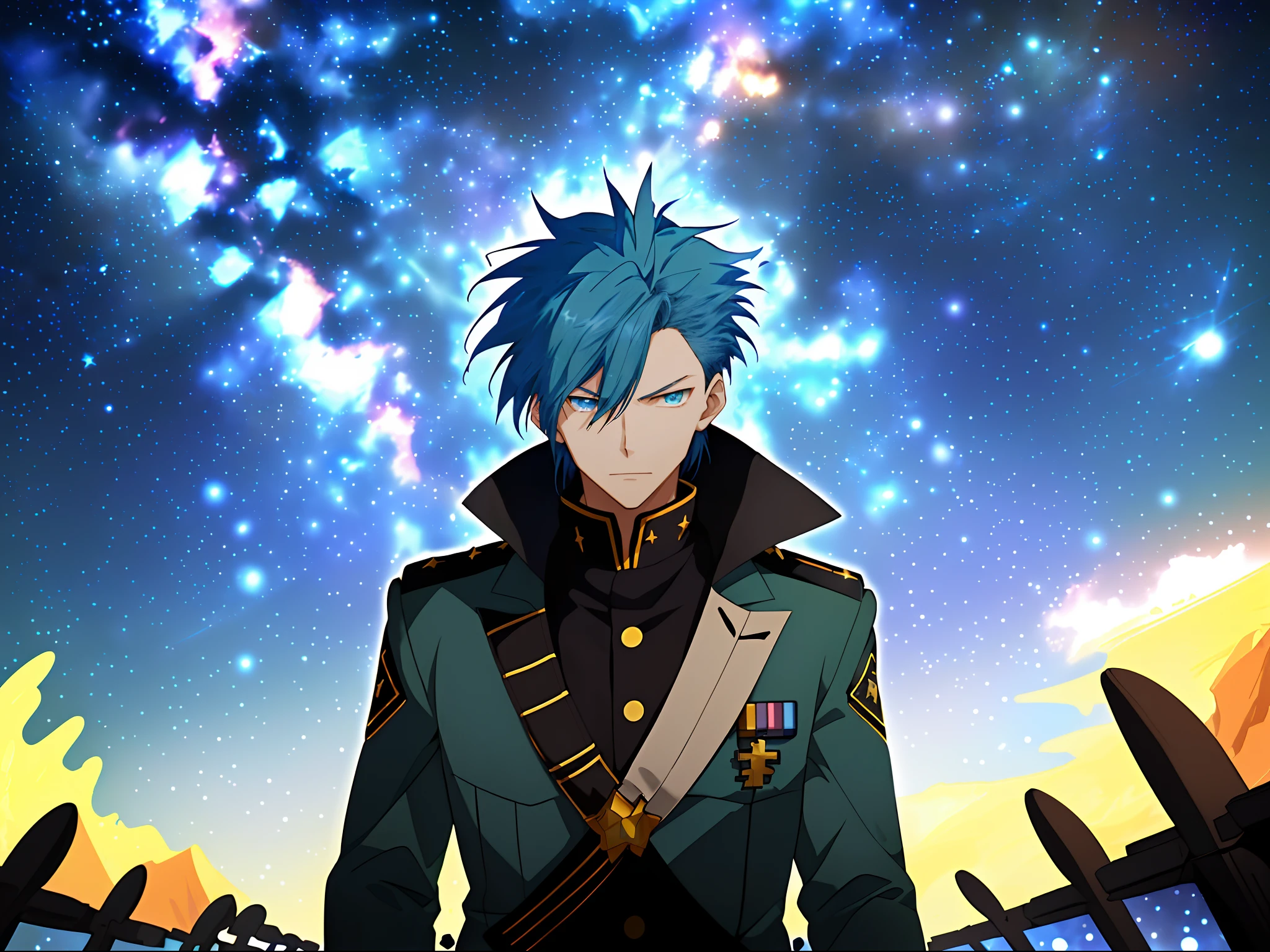Anime - A style image of a blue-haired man in a dark blue military uniform,Starry sky!Starlight,Starry sky,Desert at night,Key anime art,Tall anime guy with blue eyes,official anime still,Urano,key anime visuals,on a galaxy looking background,Starry sky,2 d anime style