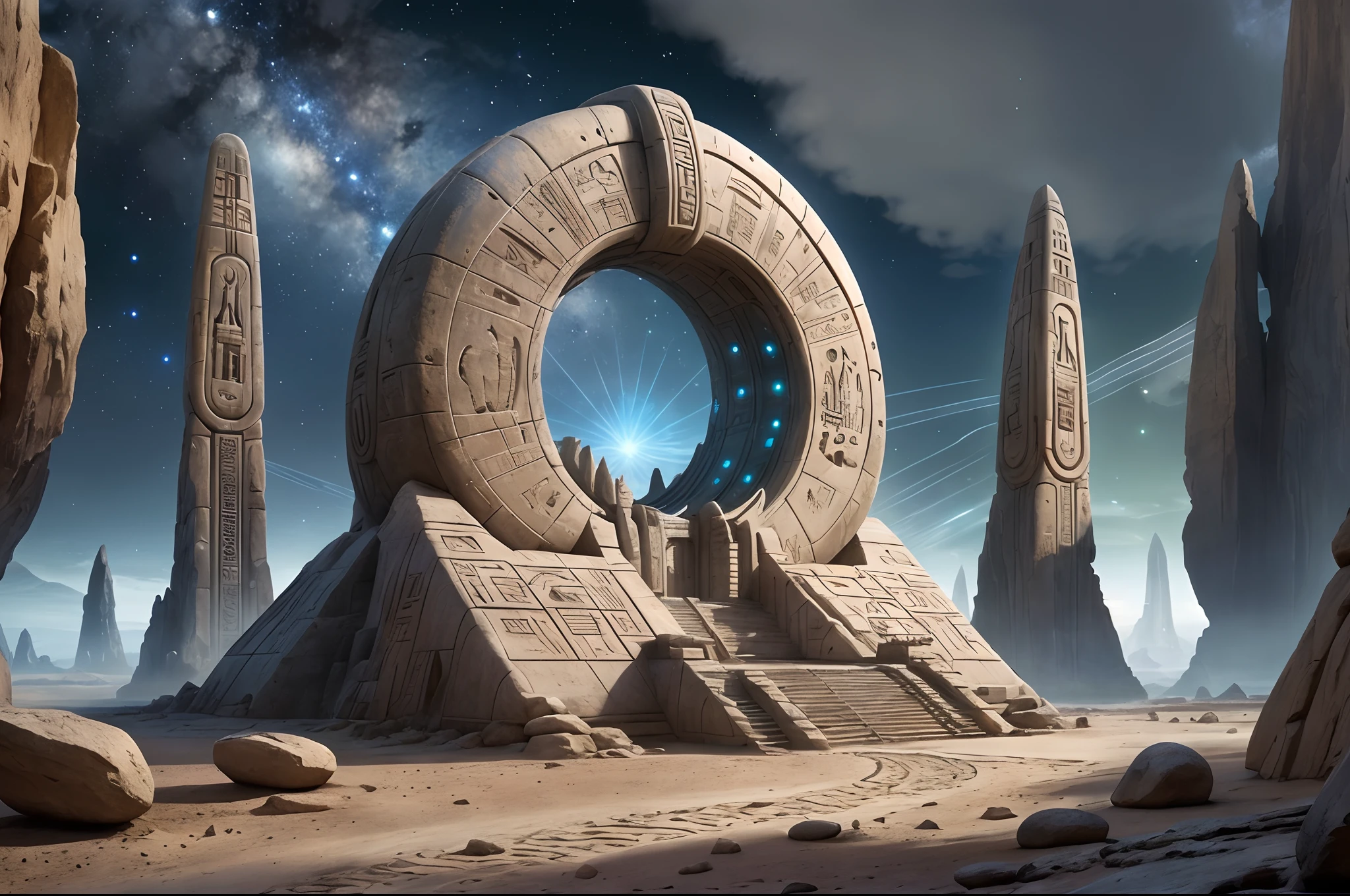 Hay una gran estructura de piedra en medio de un desierto, Antiguo pero futurista, ancient alien portal, Antiguo futurista, Ancient Sci-Fi Elements, Ancient Sci-Fi Art, Stargate de pie en el desierto, Ancient biomechanical temple, Stargate, Exterior del templo de Scifi, Estrella - Puerta del Futurismo, mystical sci-fi concept art, Puerta de entrada a otro universo, Surface of another rugged planet with two planets orbiting it, Science-Fiction, Sculpture with hieroglyphics, colores de contraste, rocas raras